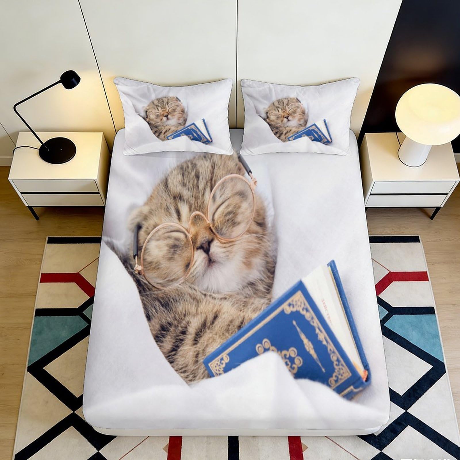 Tjiqhvmrn Style-1 3D Printed Cute Cat Fitted Sheet Microfiber Deep Pocket Non-Slip Bedroom Bedding Set Cute Cat Mattress Fitted Cover For Adults Teens Washable Full Wrap 90X200x25cm