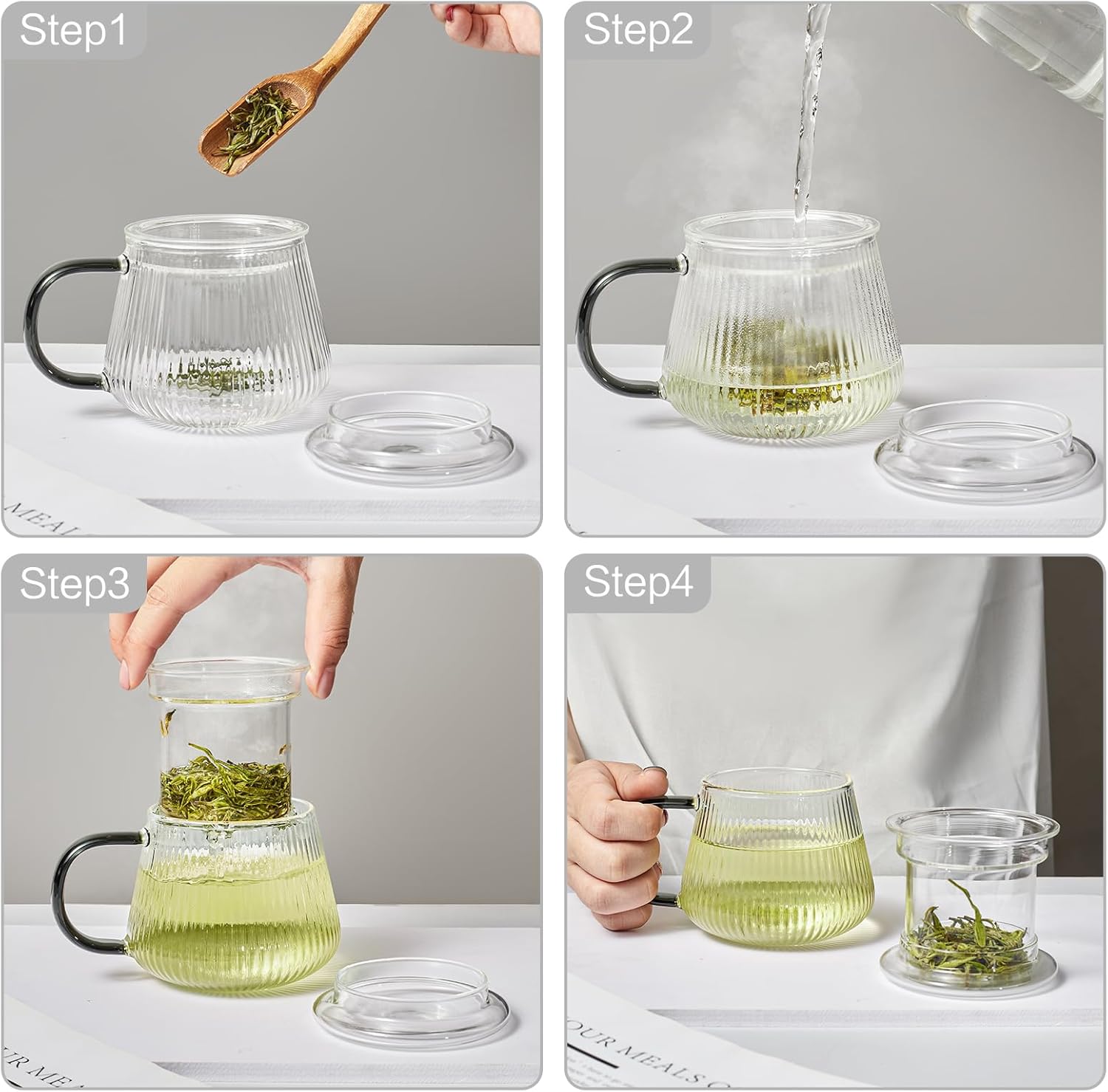 Lezero Tea Infuser Cup with Filter and Lids, Borosilicate Glass Mugs with Strainer for Blooming & Loose Leaf, Lead-free, Microwave & Dishwasher Safe, 14oz - Image 7