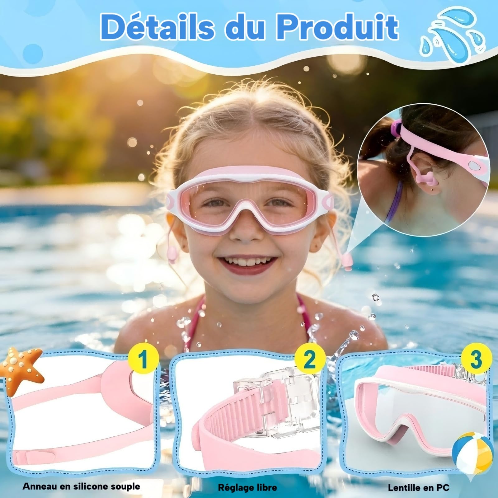 Lot de 2 Lunettes de Natation Enfants - Cadeau Garçons et Filles 3-15 Ans | Grand Champ de Vision HD 180°, Anti-Buée & Protection UV, Silicone Doux Réglable, avec Bouchons d’Oreilles & Pinces-Nez