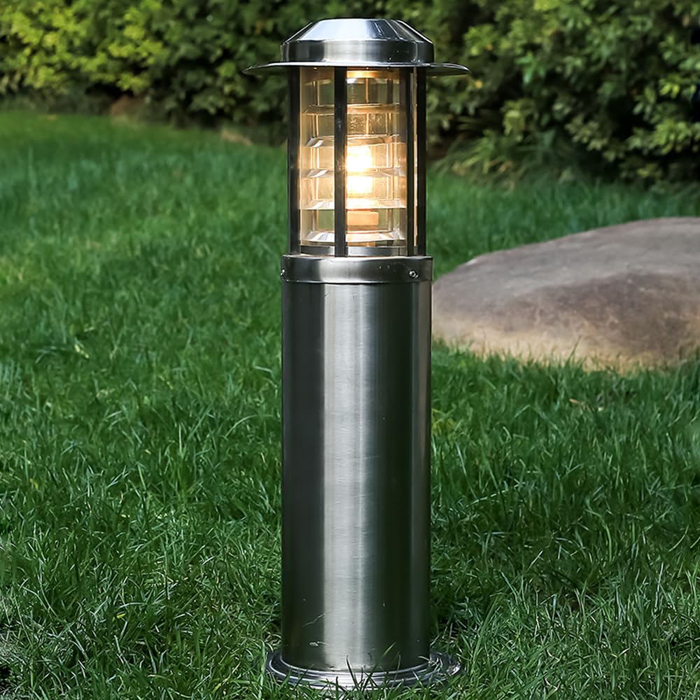 HELCEKOU Modern Landscape Bollard Lighting Fixture Silver Stainless Steel Pathway Light 24.2" Path Outdoor E26 Lantern for Driveway Courtyard Garden Lawn Decoration