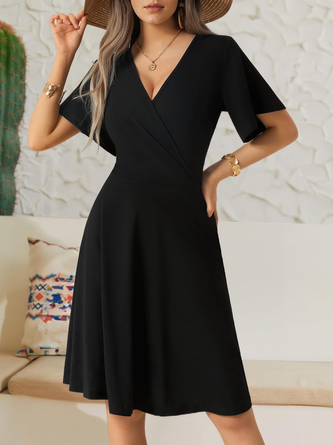 FENSACE Womens Sundress Summer Floral Short Sleeve Wrap V Neck A-Line Midi Dress - Image 4