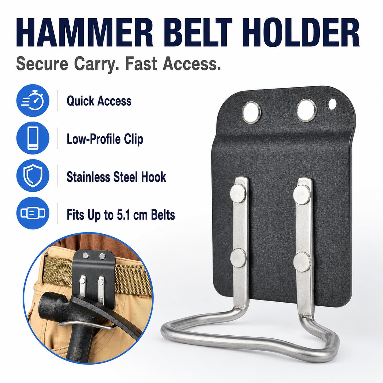 VOBOR Soporte para martillo para cinturón, práctico cinturón de herramientas, soporte para hacha con patillas de metal, ideal para techadores y carpinteros