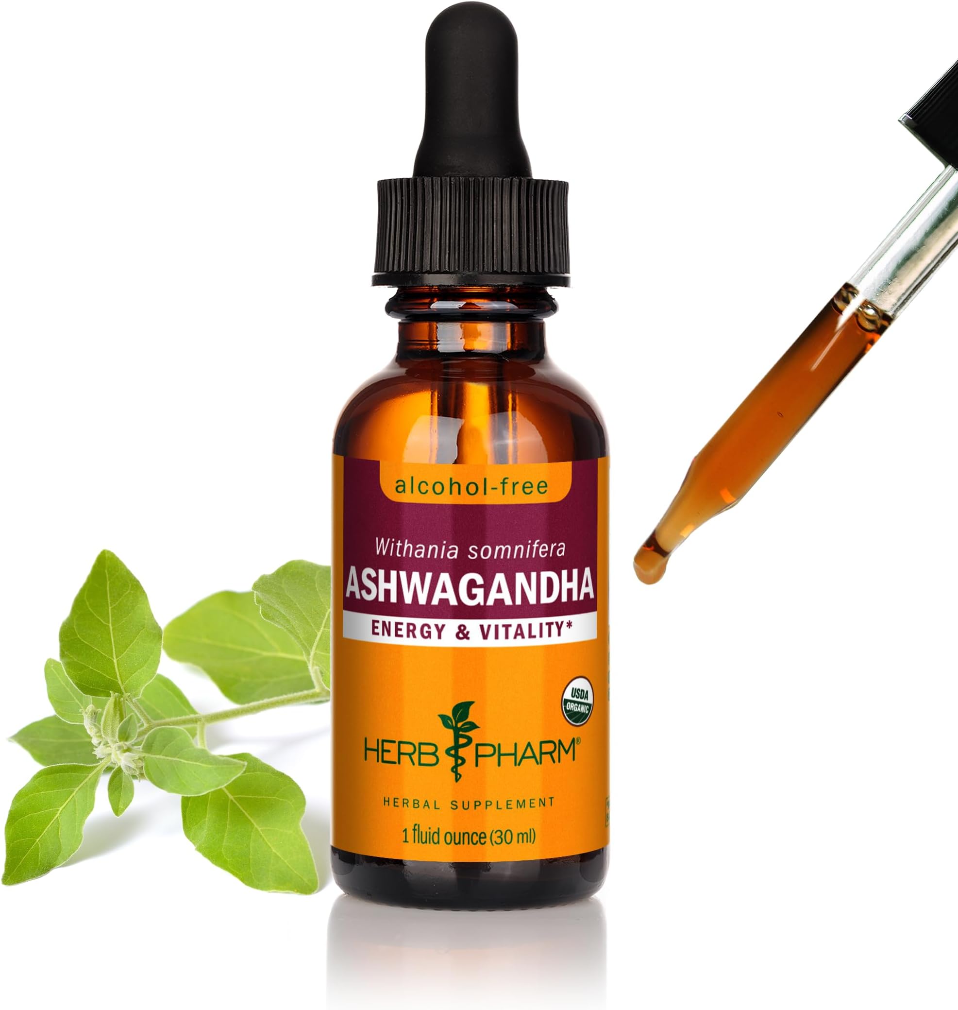 Herb Pharm Certified Organic Ashwagandha Extract Drops for Traditional Support for Energy and Vitality, Alcohol-Free Glycerite, 1 Oz