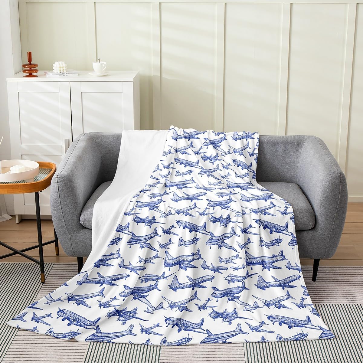 Kids Boys Airplane Flannel Blanket for Boys Girls Kids,Vintage Aircraft Sketch Painting Fleece Blanket Super Soft Throw Blankets,Blue White Jet Plane Bed Blanket Gifts for Teens Queen 90"x90"