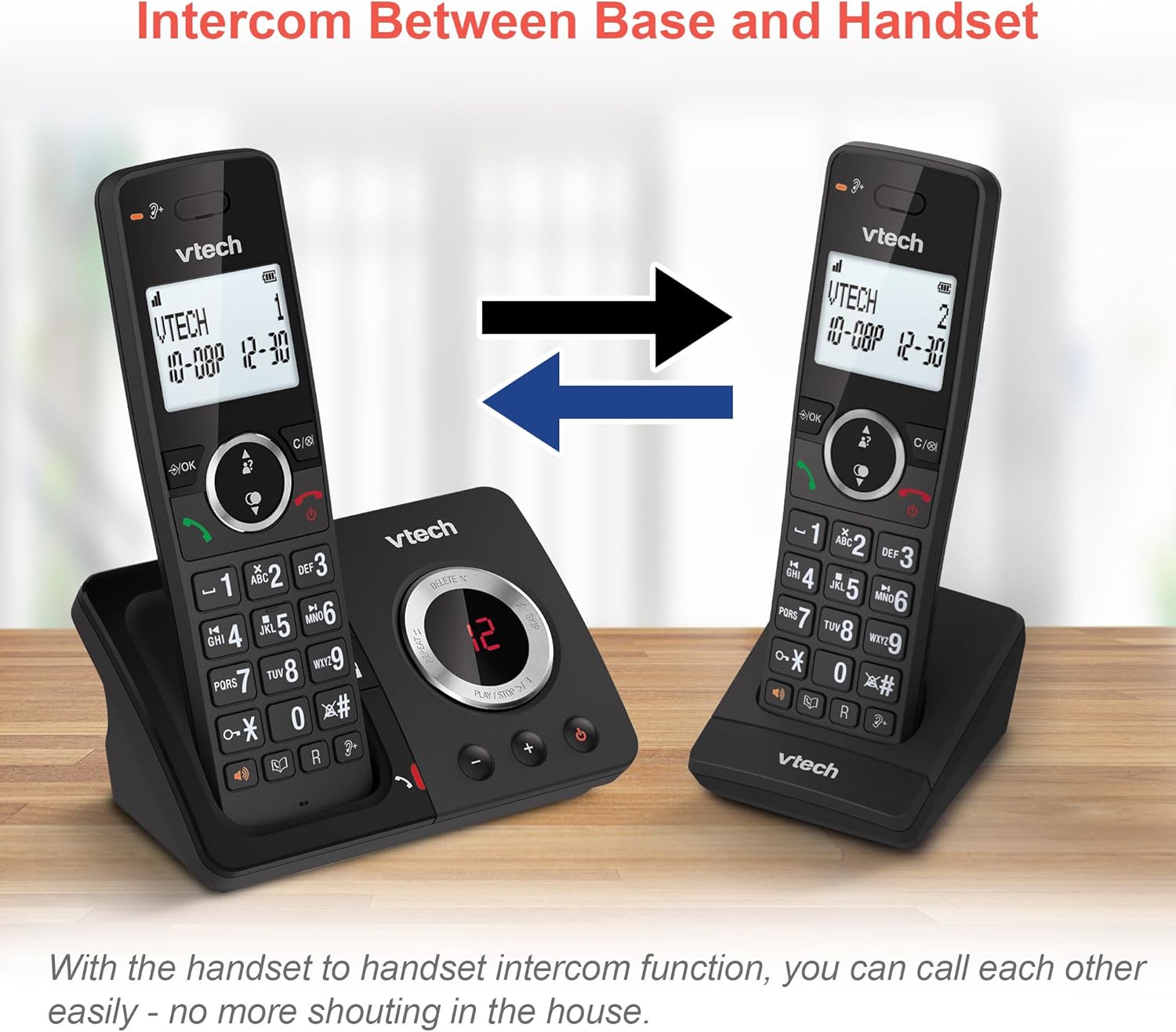 Two VTech ES2051 DECT Cordless Handsets with arrows indicating intercom function