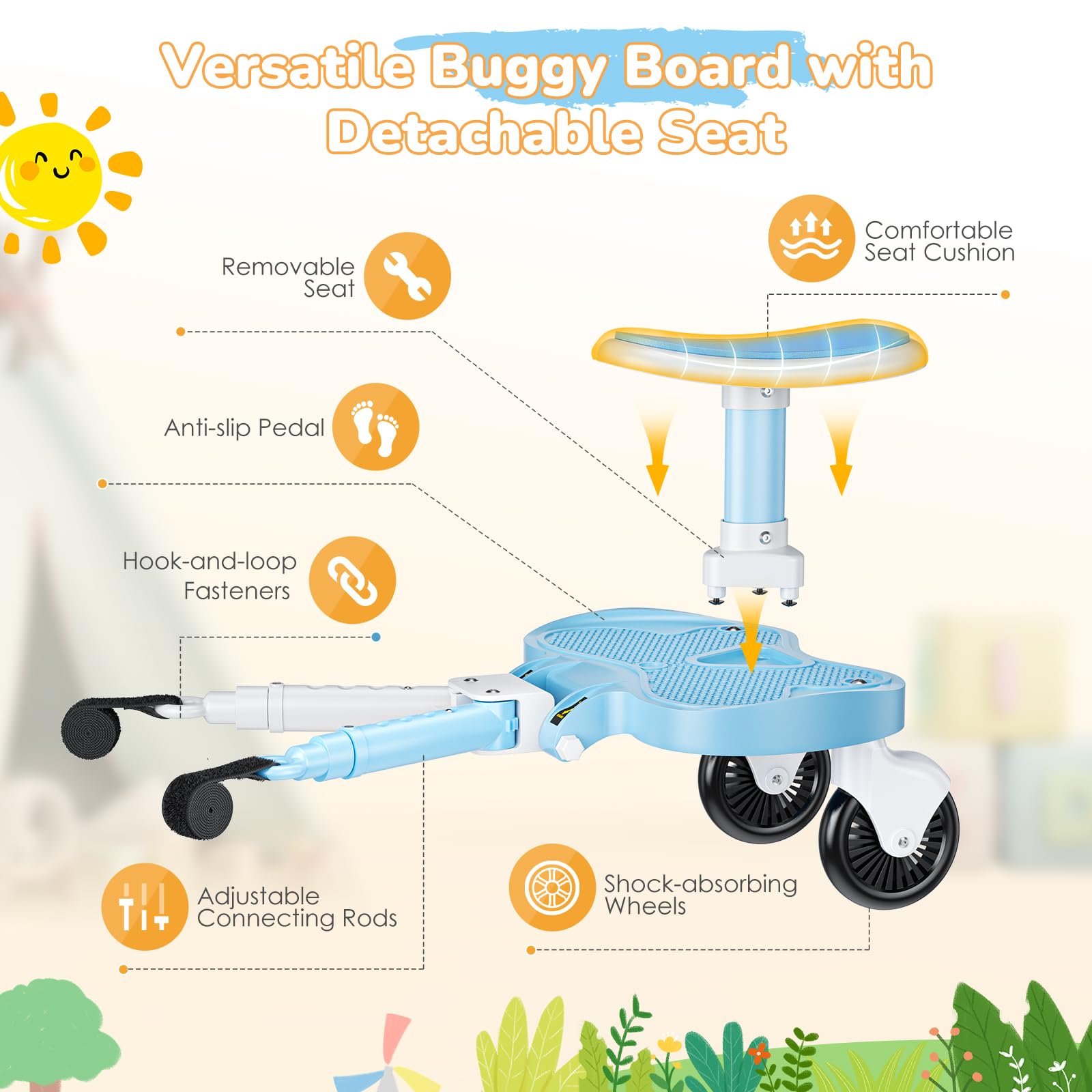 Planche Poussette Universelle Bleu Ciel, Marche Pied Poussette Universelle avec Siège, Compatible 99% des Poussettes, Planche à Roulettes pour Enfants 2-6 Ans (25KG)