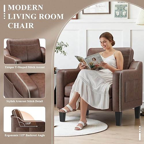 Miniatura 4 de PU Leather Accent Chair Set of 2, Mid-Century Modern Living Room Armchair Sofa with Removable Cushions & Stitched Armrest Design, Bedroom Chair with