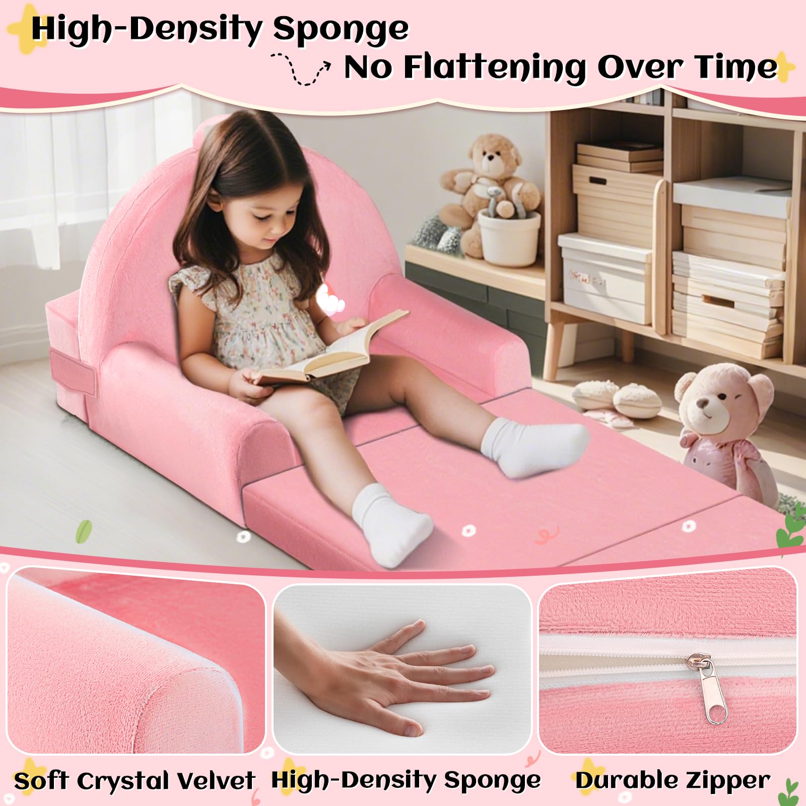 Składane krzesło dla małych dzieci, sofa dziecięca, rozkładana mini kanapa 2 w 1, 150 cm, miękki kryształowy aksamit dla małych dzieci, sofa do zabawy, do sypialni, salonu, pokoju zabaw