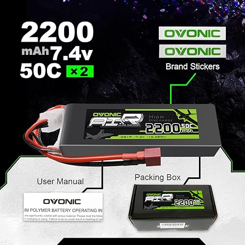 Miniatura 6 de OVONIC 2s Lipo Battery 50C 2200mAh 7.4V Lipo Battery Soft Case con conector T estilo Dean para RC Evader BX Car RC Truck RC Truggy RC Avión UAV