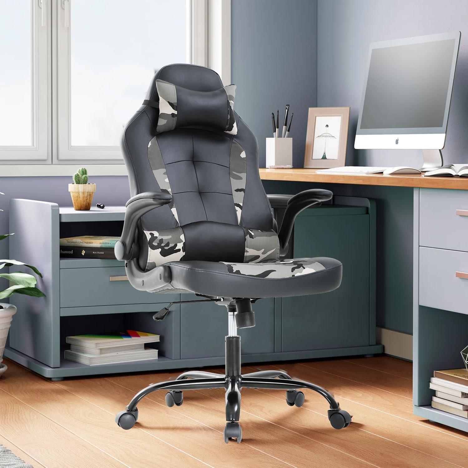 PC Gaming Chair Computer Chair Racing Gamer Chair Adjustable Ergonomic Office Chair Modern Desk Chair with Lumbar Support Flip Up Armrest Rolling Swivel Task Chair for Adults Women Men