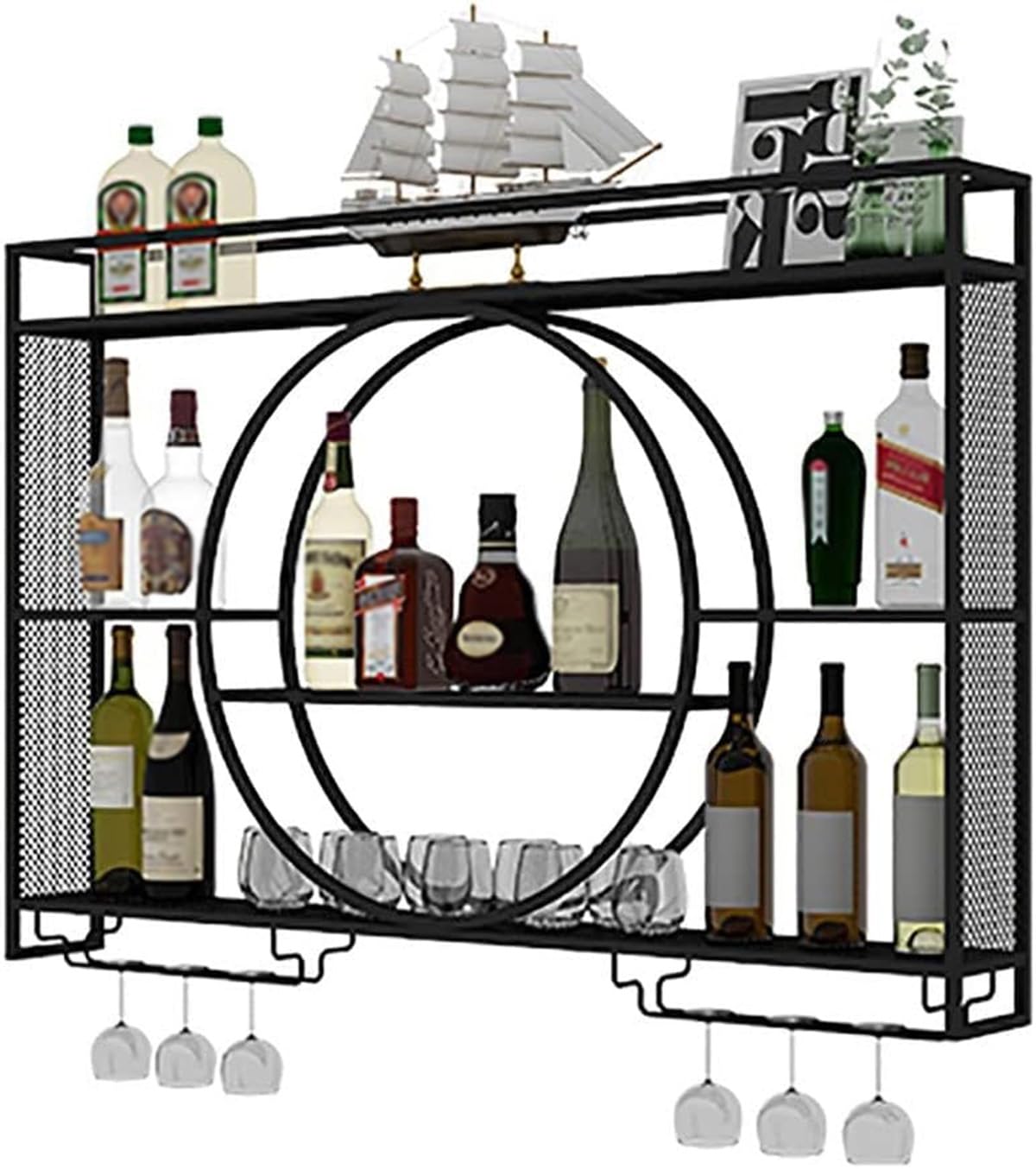 Porte-bouteilles de vin mural et casier en métal avec support de verre pour bar