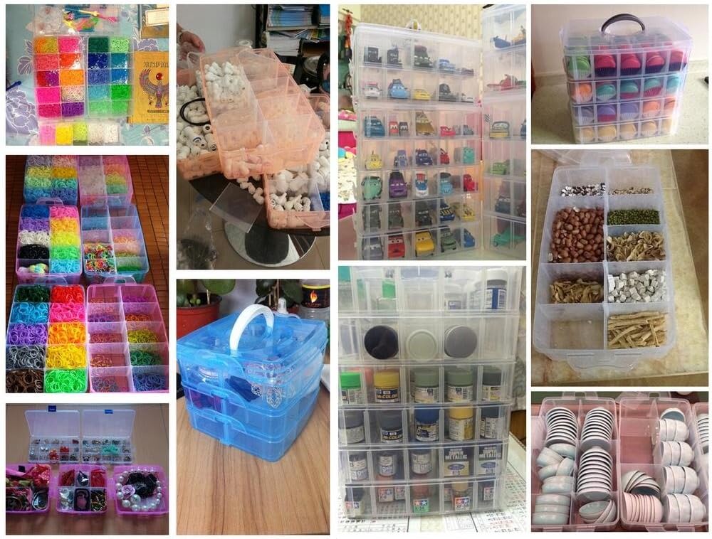 DJUNXYAN 3-Tier 30 Sections Transparent Stackable Adjustable Compartment Slot Plastic Craft Storage Box Organizer For Toy Desktop Jewelry Accessory Drawer Or Kitchen 4 Colors 3 Sizes(Extra Large Blue)