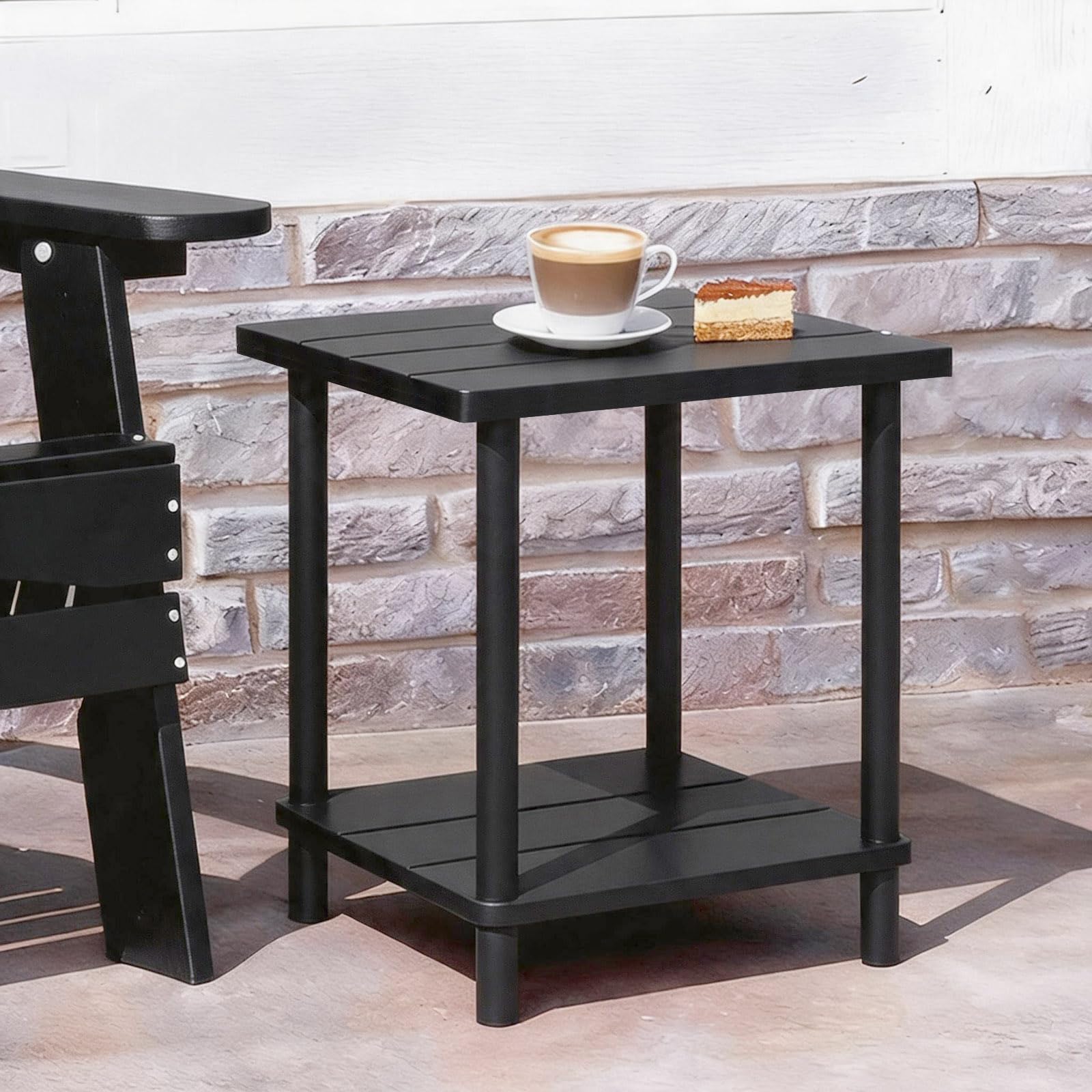 Momleix Small Black Outdoor Side Table, 2-Tier Weather Resistant Patio End Table, Modern Rectangle Bamboo Coffee Table for Balcony, Garden, Terrace and Living Room, Easy Assembly