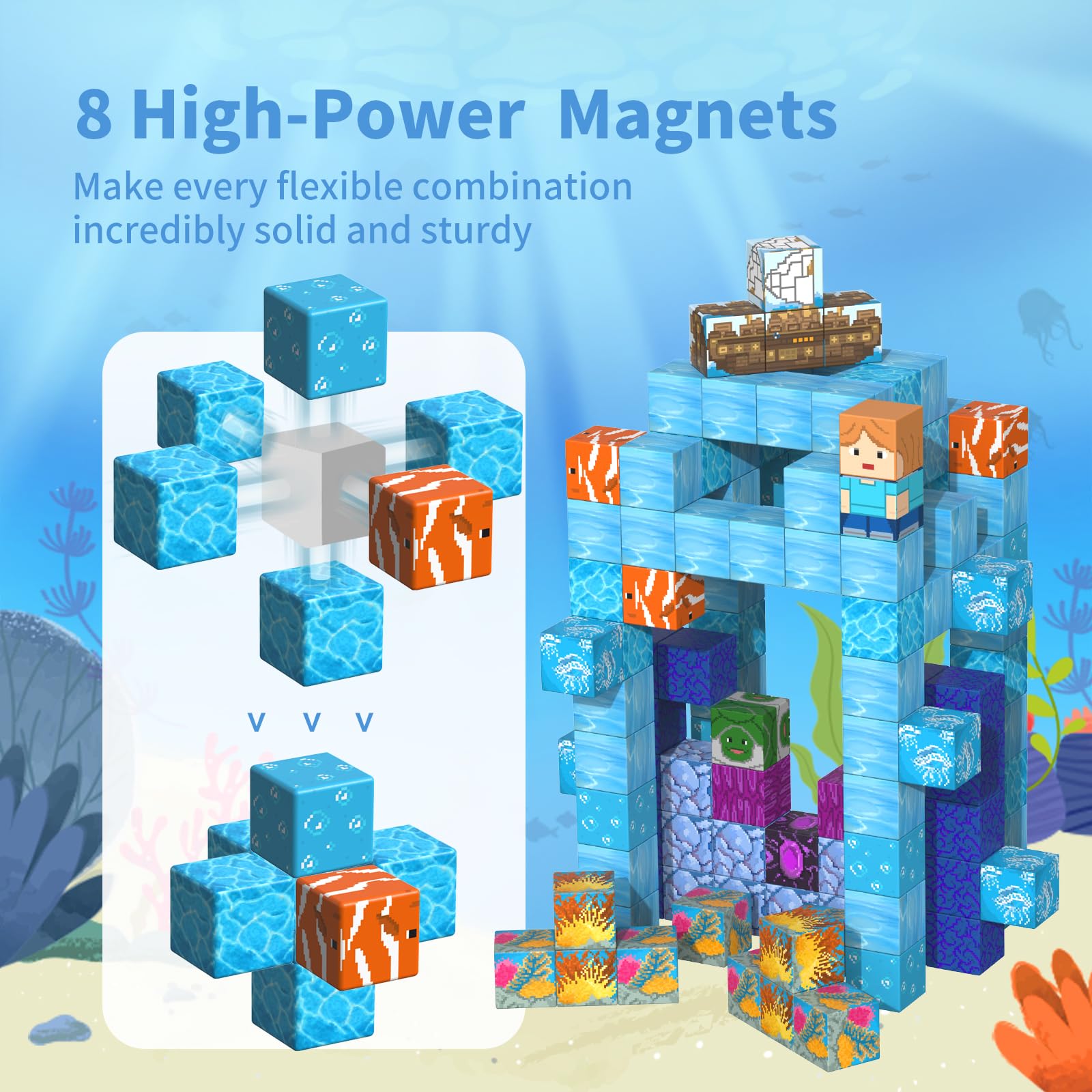 tinytrek Magnetic Blocks-120PCS Ocean Quest Set,Magnetic Building Blocks Kids Toys for Ages 3 4 5 6 7 8 Birthday Gifts,STEM Montessori Sensory Toys for 3+ Years Old Boys & Girls