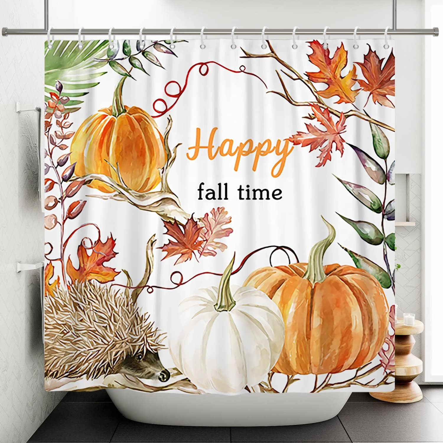 Happy Fall Shower Curtains for Thanksgiving Bathroom Decor Autumn Leaves with Plump Harvest Pumpkins Bathroom Curtains with Hooks, 60x72 Inch Waterproof Fabric