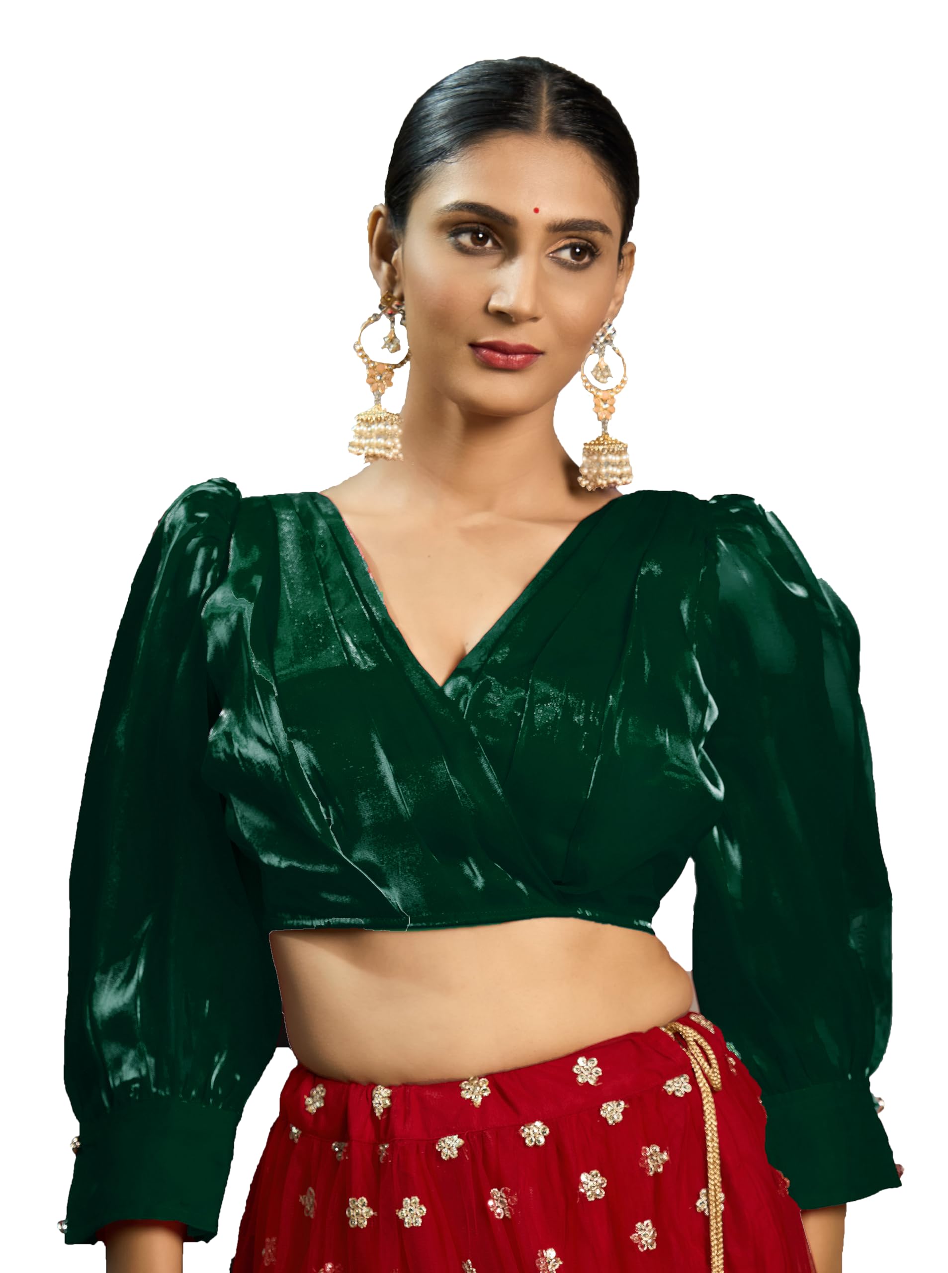 Pujia Mills Women's Rafale Silk Full Balloon Sleeve V Neck Blouse(Gangu) (Green, 40)