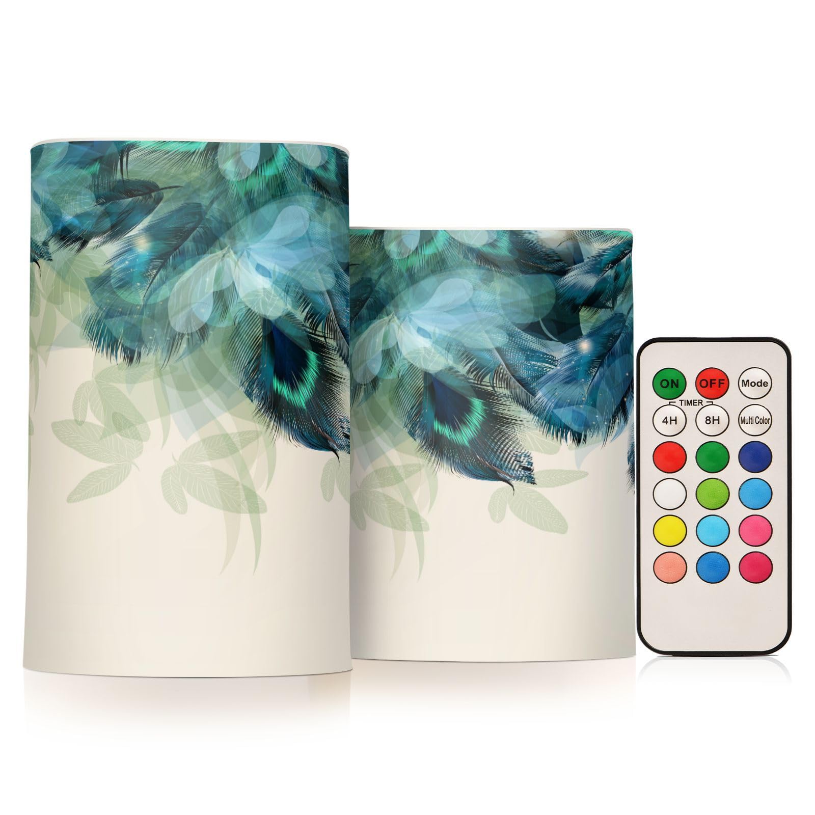 Kcldeci Flameless Candles Watercolor Peacock Feather Battery Operated Candle LED Flameless Candles Remote Control Candles Outdoor LED Flameless Pillar Candles Set of 2