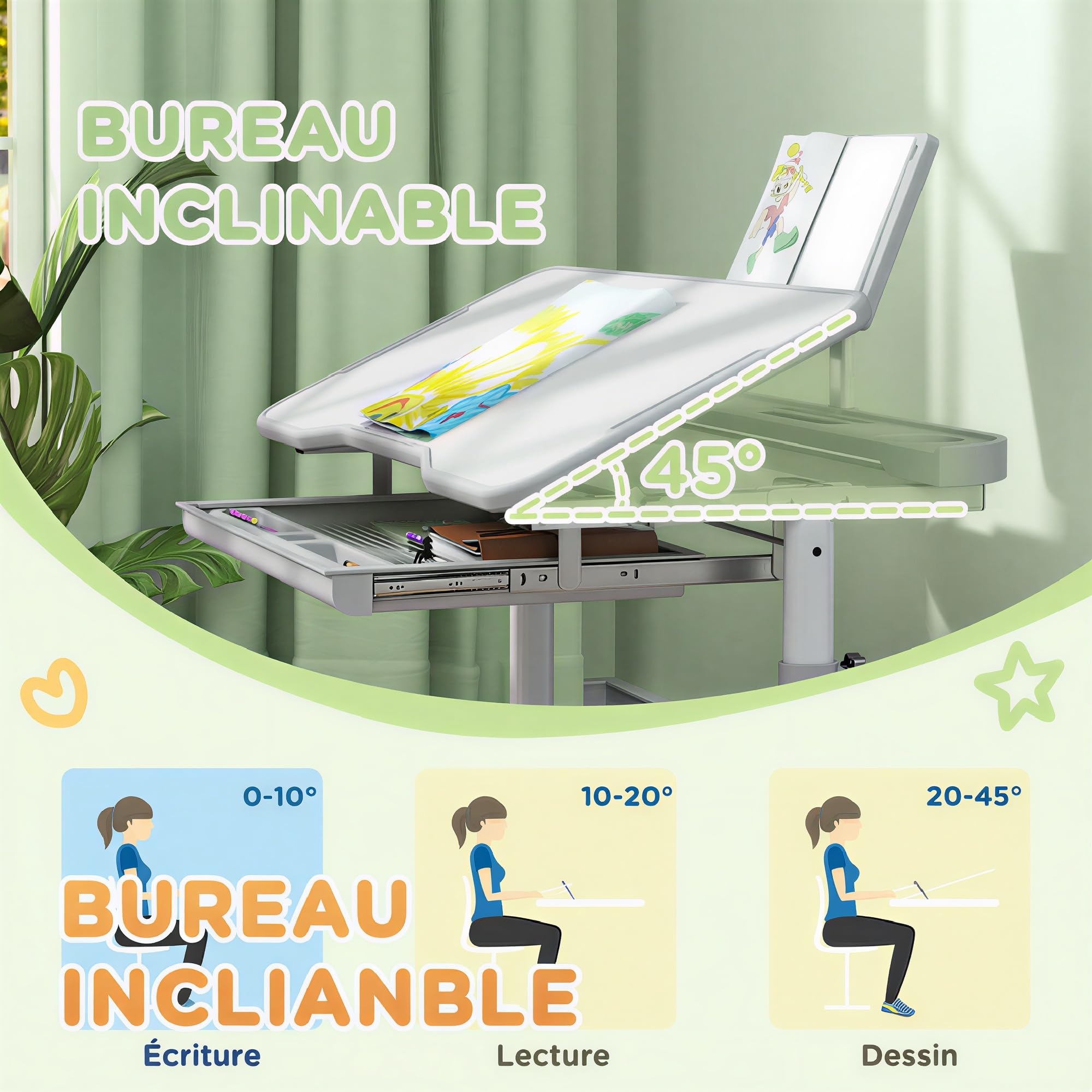 AIYAPLAY Bureau Enfant avec Chaise, Ensemble Bureau et Chaise pour Enfants avec Plateau inclinable 45°, Hauteur réglable, Gris