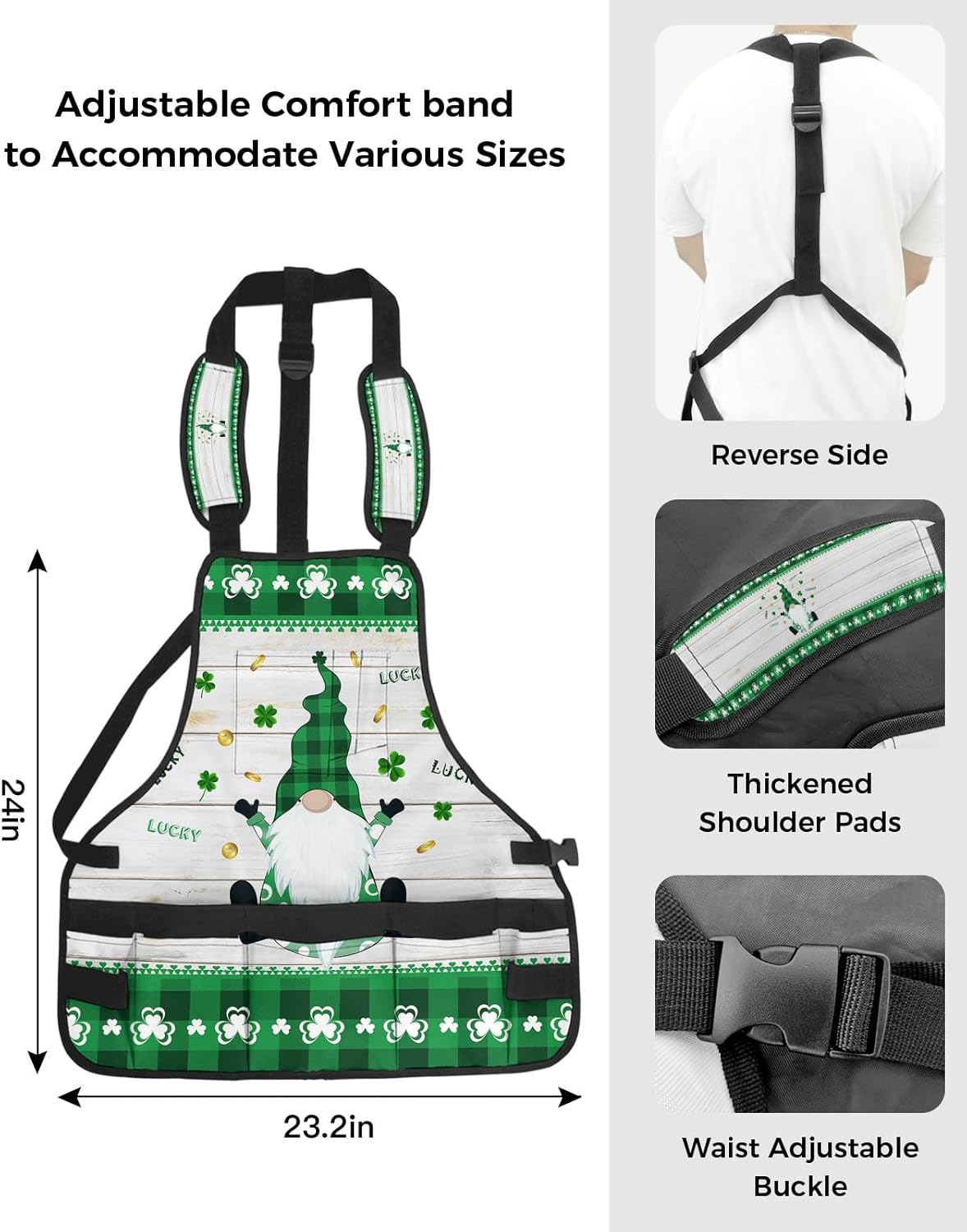 Work Apron for Men Adjustable Woodworking Apron Lucky St. Patrick's Lucky Gnome Shamrock Retro Wooden Plank Tool Apron