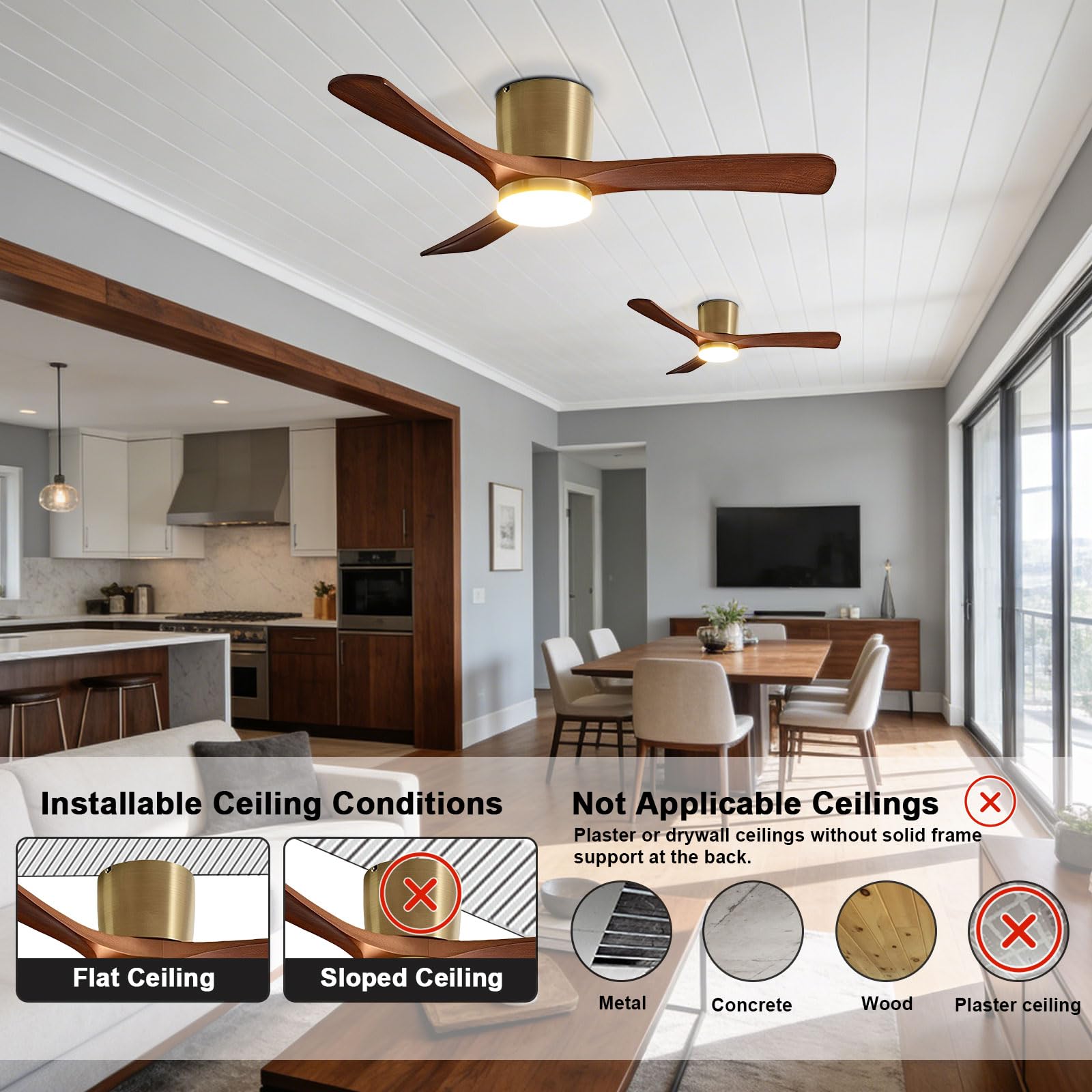 Ventilador de Techo de Madera de Nogal con luz, Moderno, silencioso, LED Regulable para Dormitorio, Comedor y Sala de Estar. Control Remoto Inteligente/aplicación/Voz.