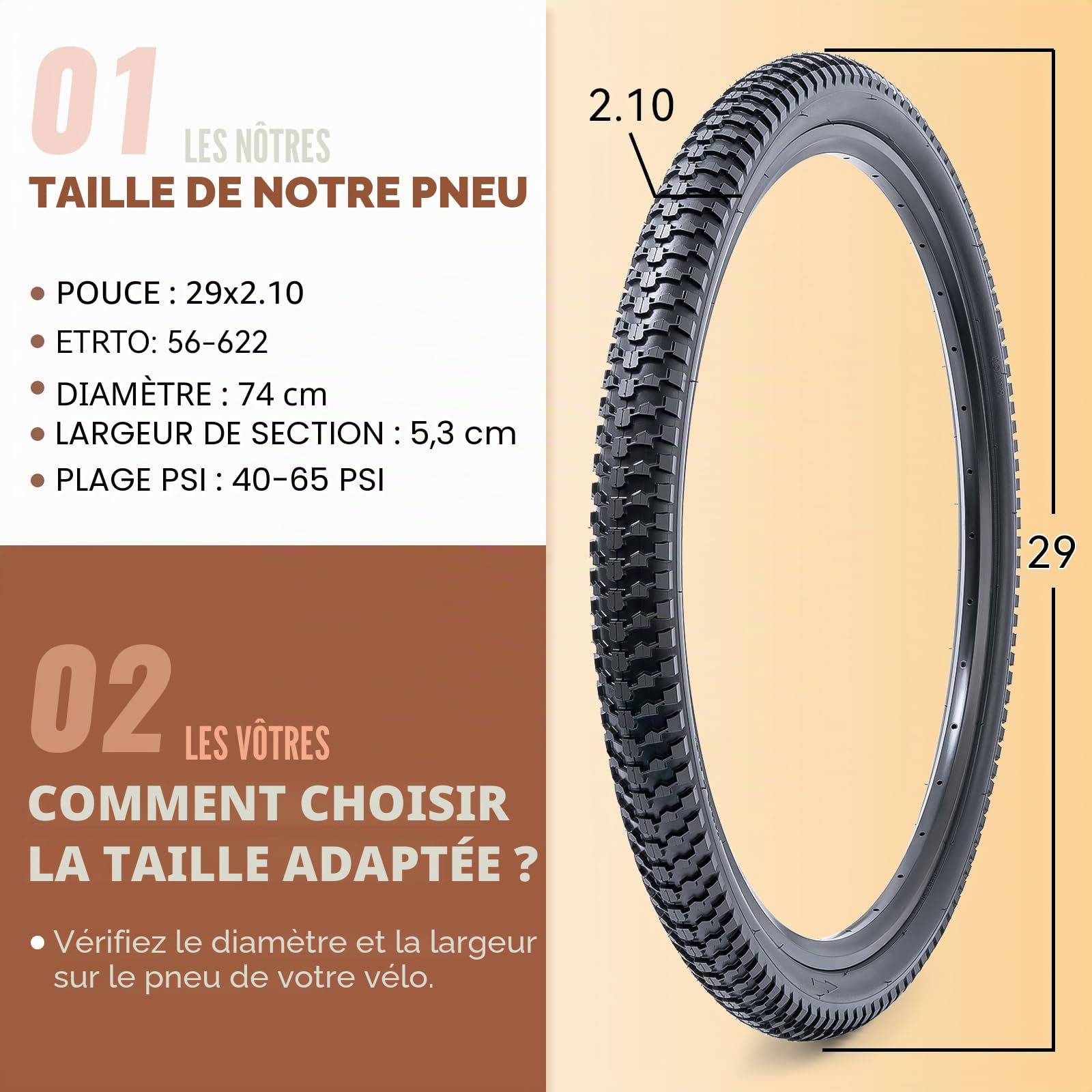 2Pcs 29X2.10 pneus vélo 29 Pouces Pneu Velo 29 x 2.10 56-622 Compatible VTT/Vélo de Route/Vélo de Ville 29x2.10 Pliable pneus vélo
