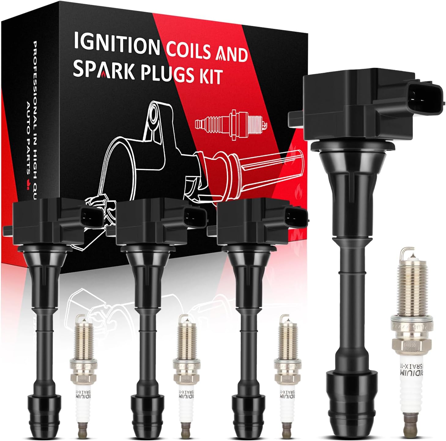 SCITOO 4 ignition coils with 4 iridium Spark Plugs for Nissan 2002 2003 2004 2005 2006 Sentra Altima 2.5L L4 2006-2008 for Infiniti M35 V6 3.5L for Infiniti FX35 V6 3.5L UF350 1788319 5C1395
