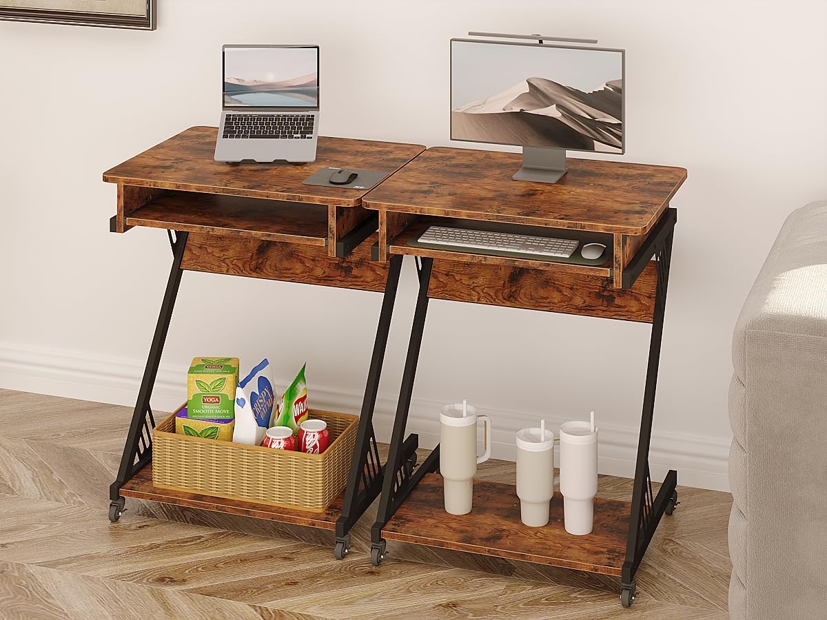 Zenira 24-Inch Small Computer Desk, 30-Inch Tall With Drawers, Corner Desk With Wheels for Gaming, Bedroom, Home, Office - Brown