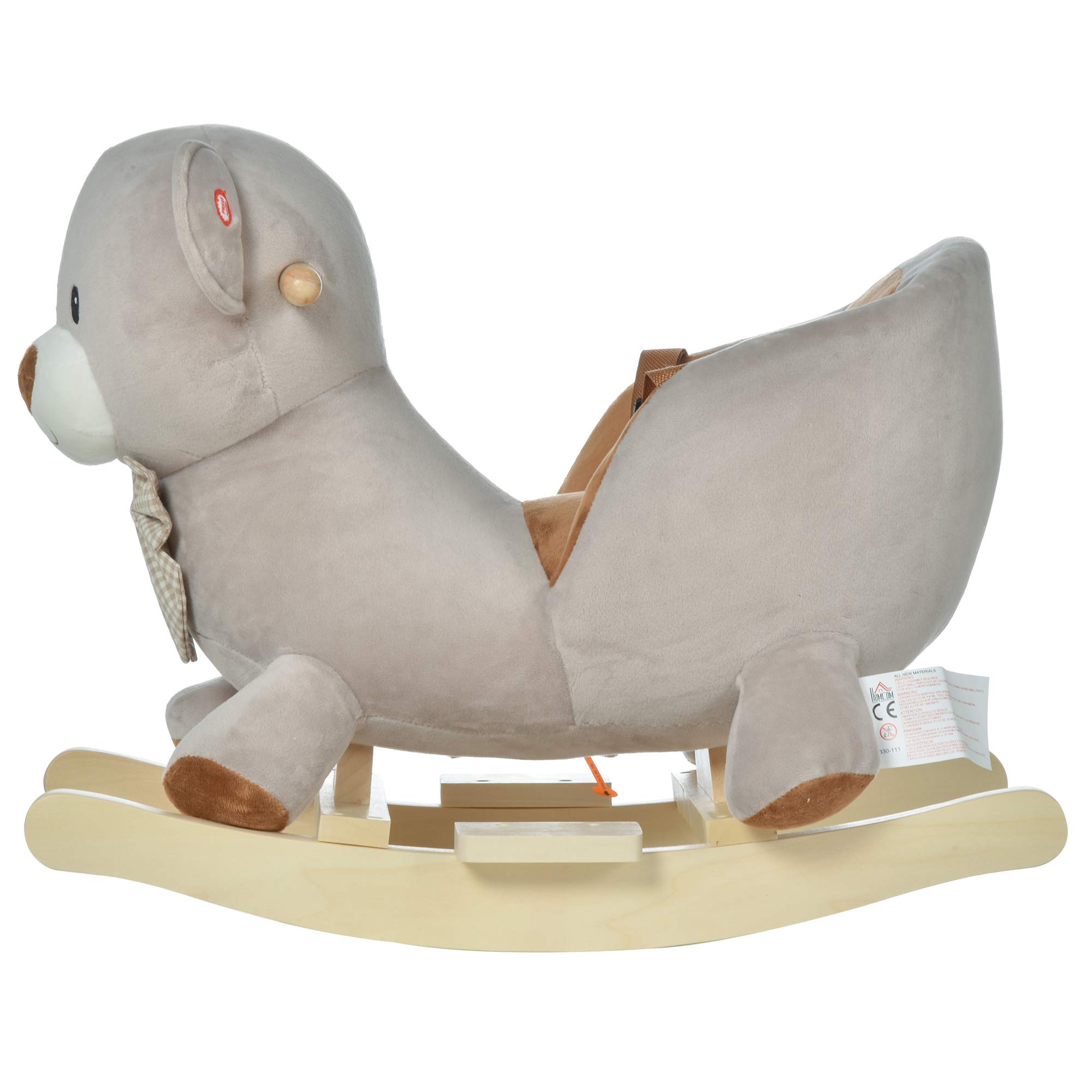 HOMCOM Caballito Balancín para Bebé de 18-36 Meses Caballo Balancín de Peluche Suave con Forma de Oso con Sonido Manillar y Reposapiés 60x33x50 cm Gris