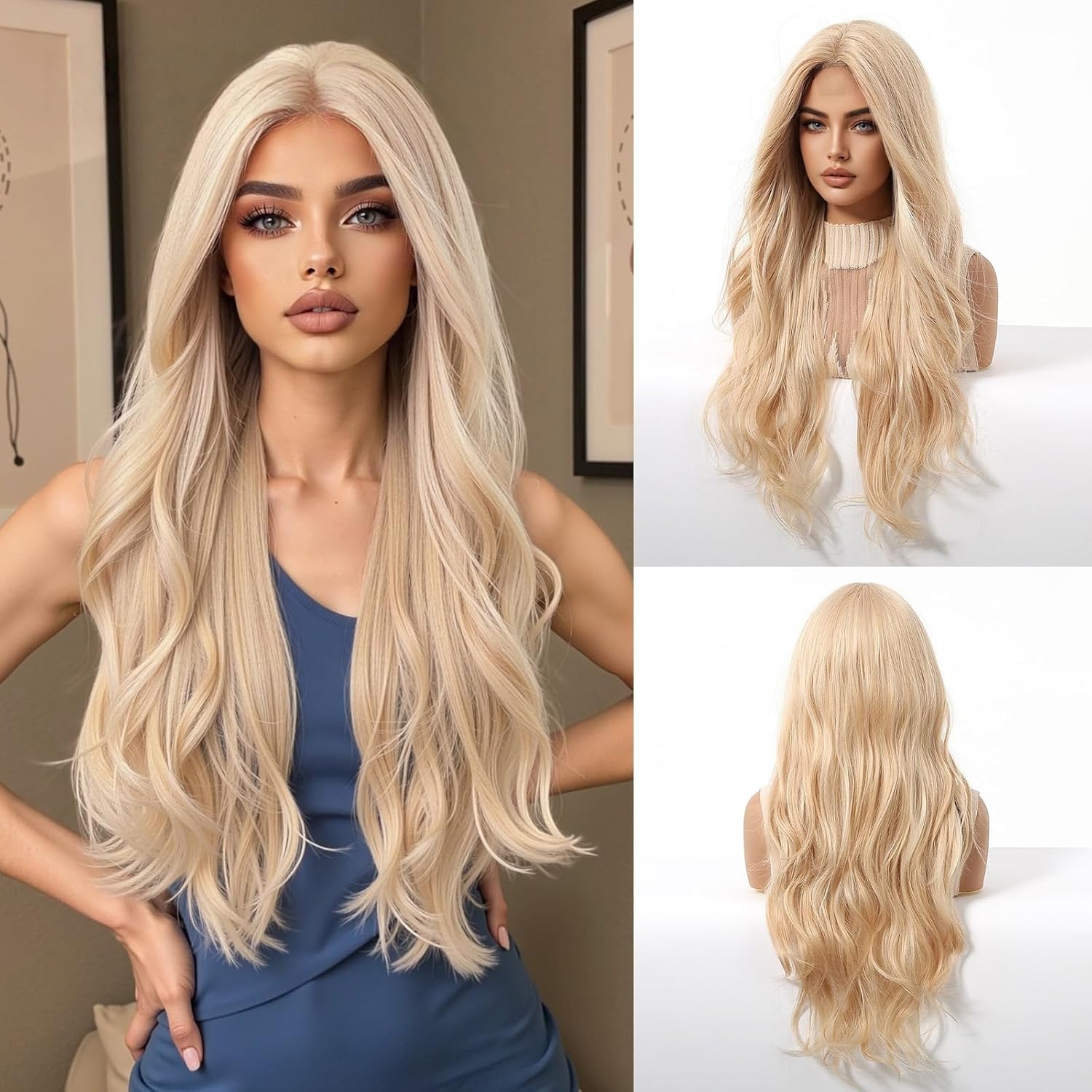 Long Wavy Wigs Human Hair with Bangs for Women Brown Blonde Highlight Layered Lightweight Breathable Glueless for Party Daily Use (Blonde Layered,26 Inch)
