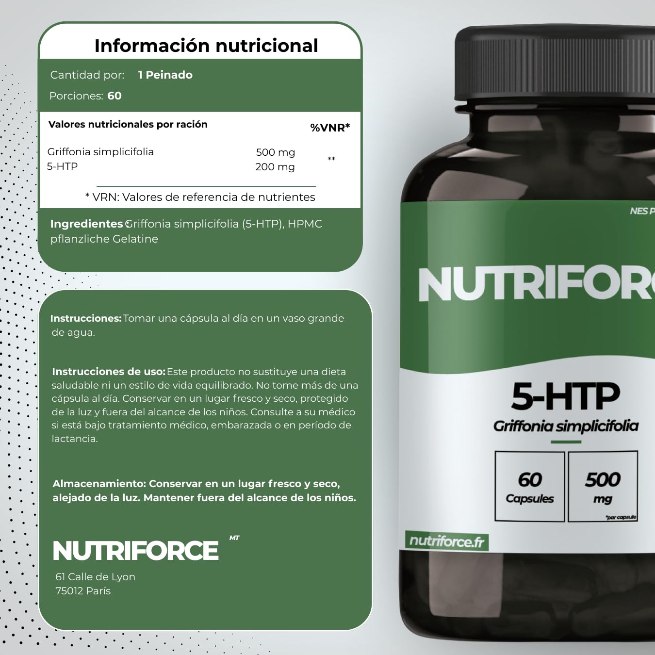 5-HTP (Griffonia Simplicifolia) Alta Concentración – Estado de Ánimo, Sueño y Estrés – Serotonina Natural – Cápsulas – Fabricado en Francia