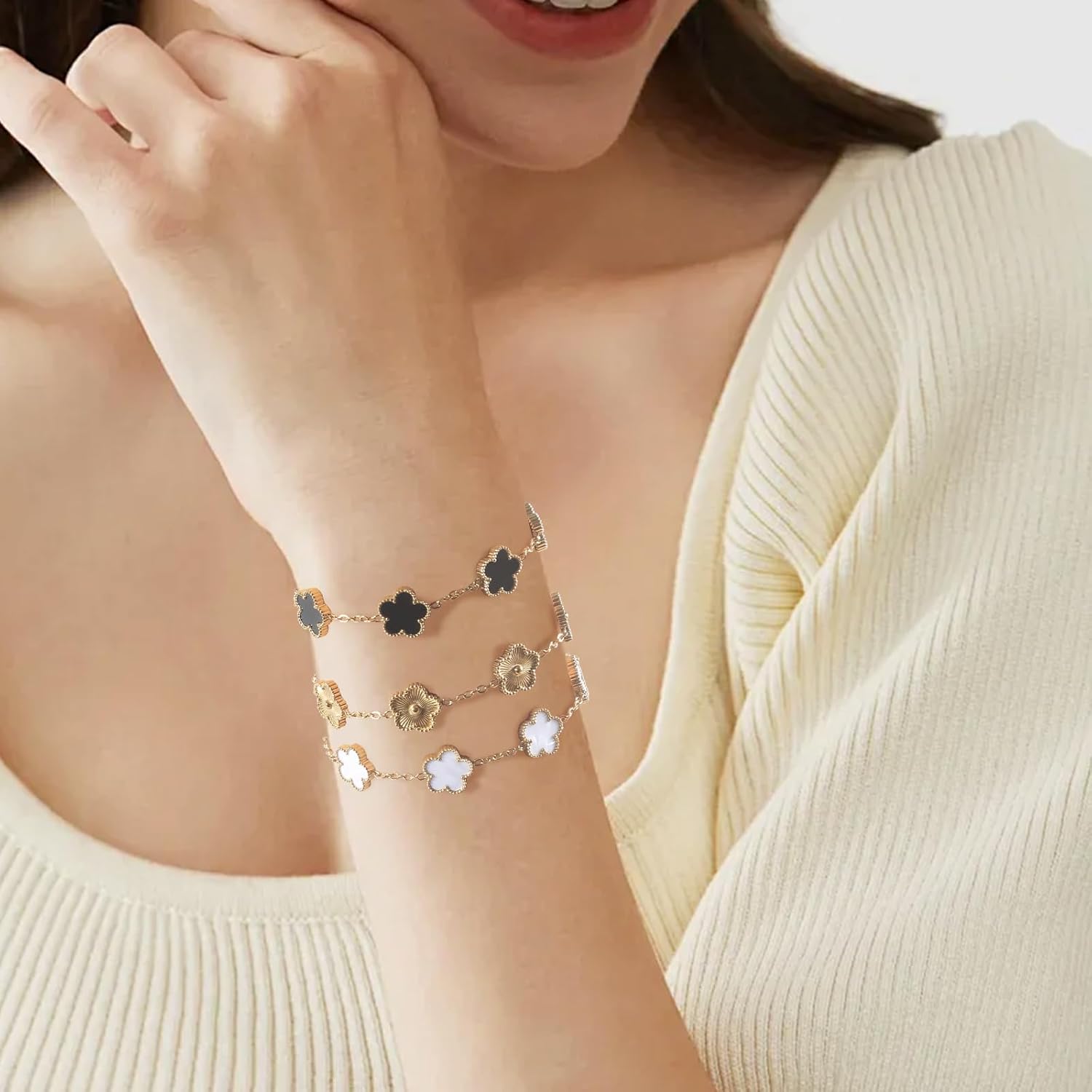 18K Gold Plated Clover Bracelet for Women Dupes Bracelet Set Flower Leaf Lucky Clover Bracelets Trendy Danity Jewelry Birthday Gifts for Women/Mom/Friends/Sister/Besties - Image 7