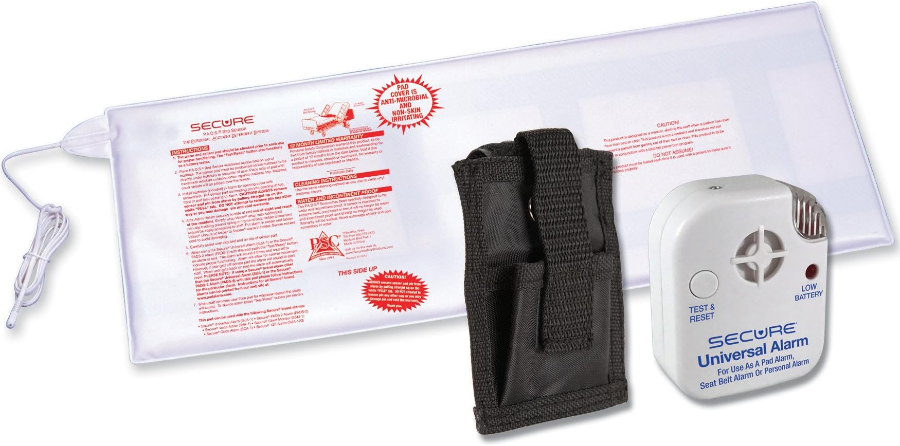 Secure ‚ Long Term Bed Exit Patient Alarm Set for Fall Prevention / Management - SUA-1 Tamper Resistant Alarm Monitor, 12" x 30" Antimicrobial Bed Sensor Pad & Batteries Included