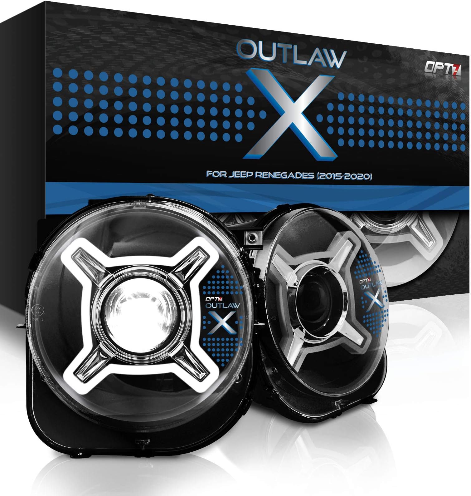 OPT7 Outlaw X For Jeep Renegade DRL LED Headlights Projector Housing 2015-2020 Models with Wiring Adapter Connection Full Replacement Kit Low, High, DRL Beam [Bulb Not Included]
