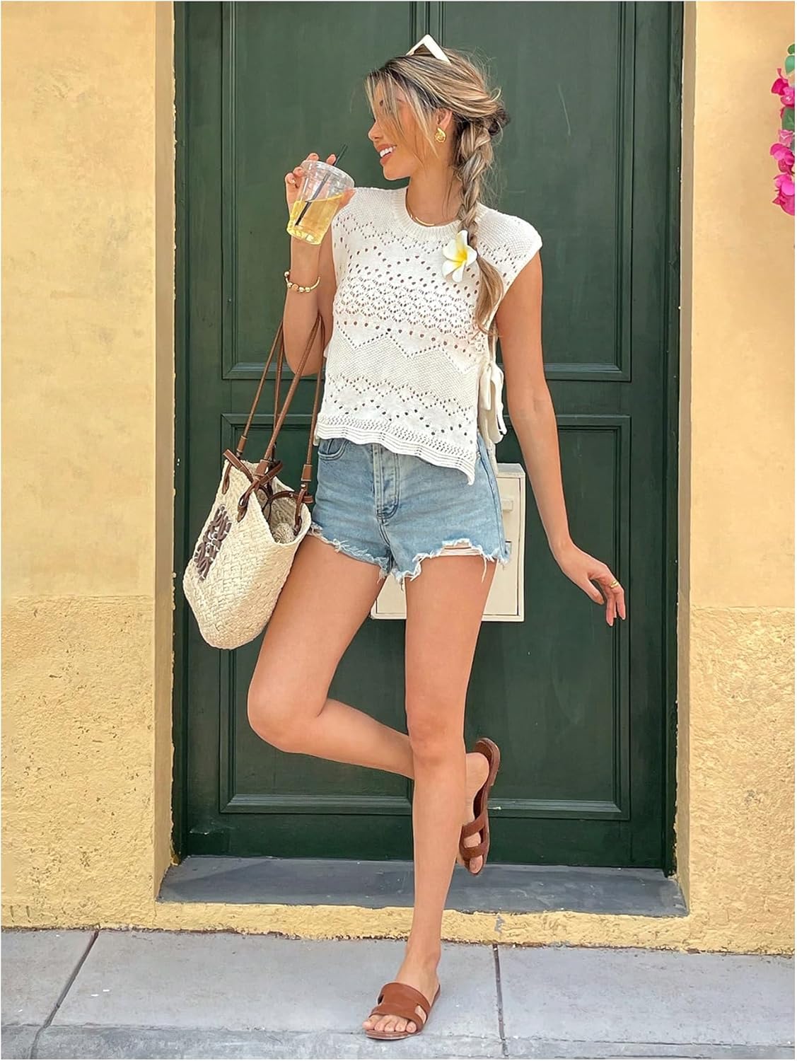 WDIRARA Women's Crochet Sweater Vest Tie Side Crew Neck Sleeveless Knit Tank Top - Image 5