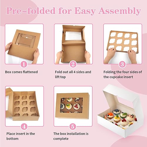 Miniatura 5 de Cajas para Cupcakes, Paquete de 2 Contenedores Desechables para Cupcakes, Portador de Cupcakes Grado Alimentario 12 Unidades con Ventana e Insertos