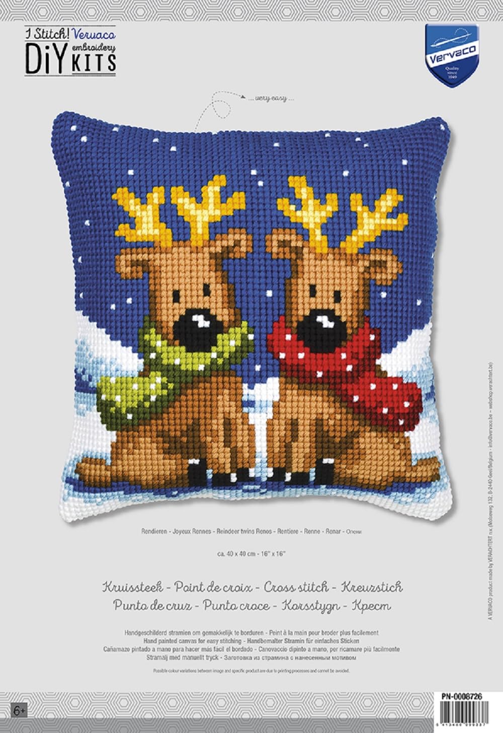 Vervaco Cross Stitch Christmas Embroidery Kits Pillow Front for Self-Embroidery with Embroidery Pattern on 100% Cotton, 15,75 x 15,75 Inches - 40 x 40 cm, Reindeer Twins