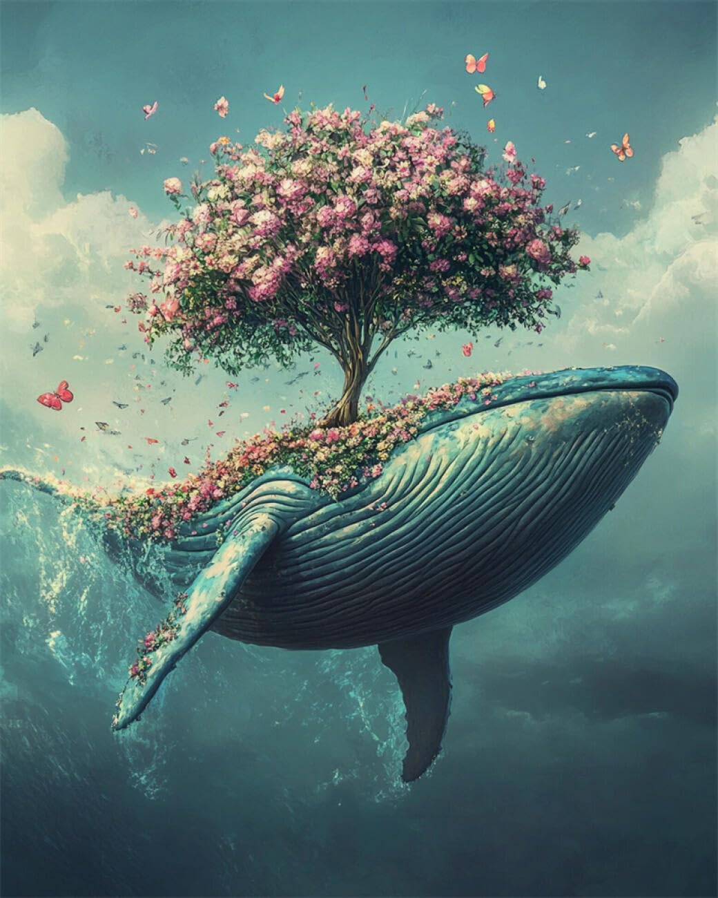 Rkflgew E Diy Mbroidery Beads Set Whales And Flowering Trees 50X70cm