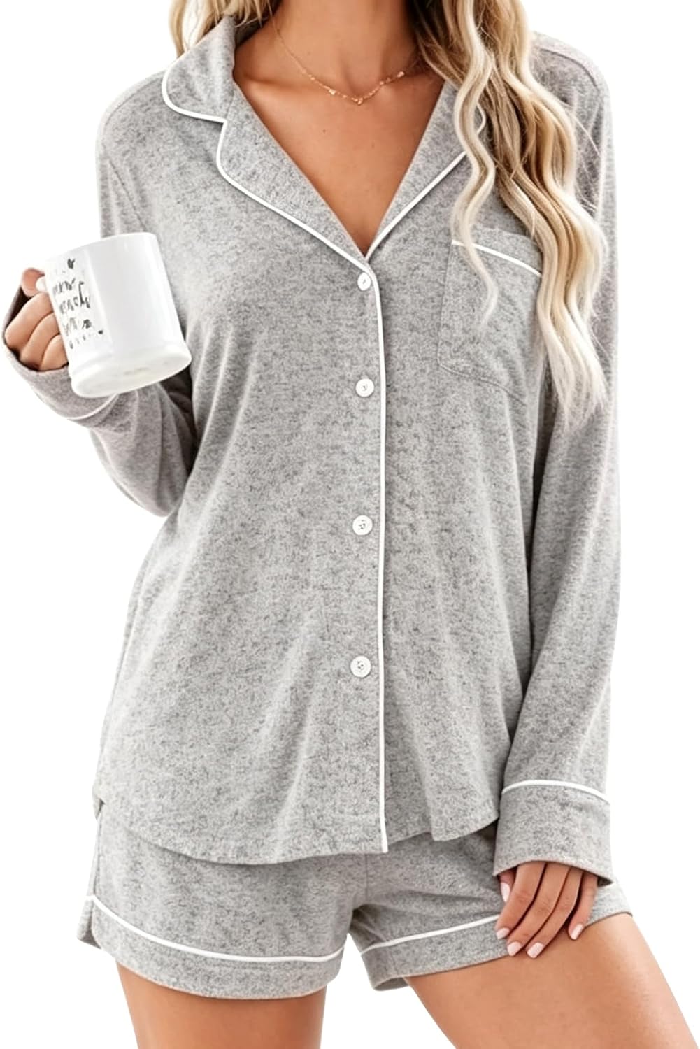 Aamikast Womens Pajama Sets Button Down Long Sleeve Sleepwear Soft 2 Piece Pjs Lounge Set