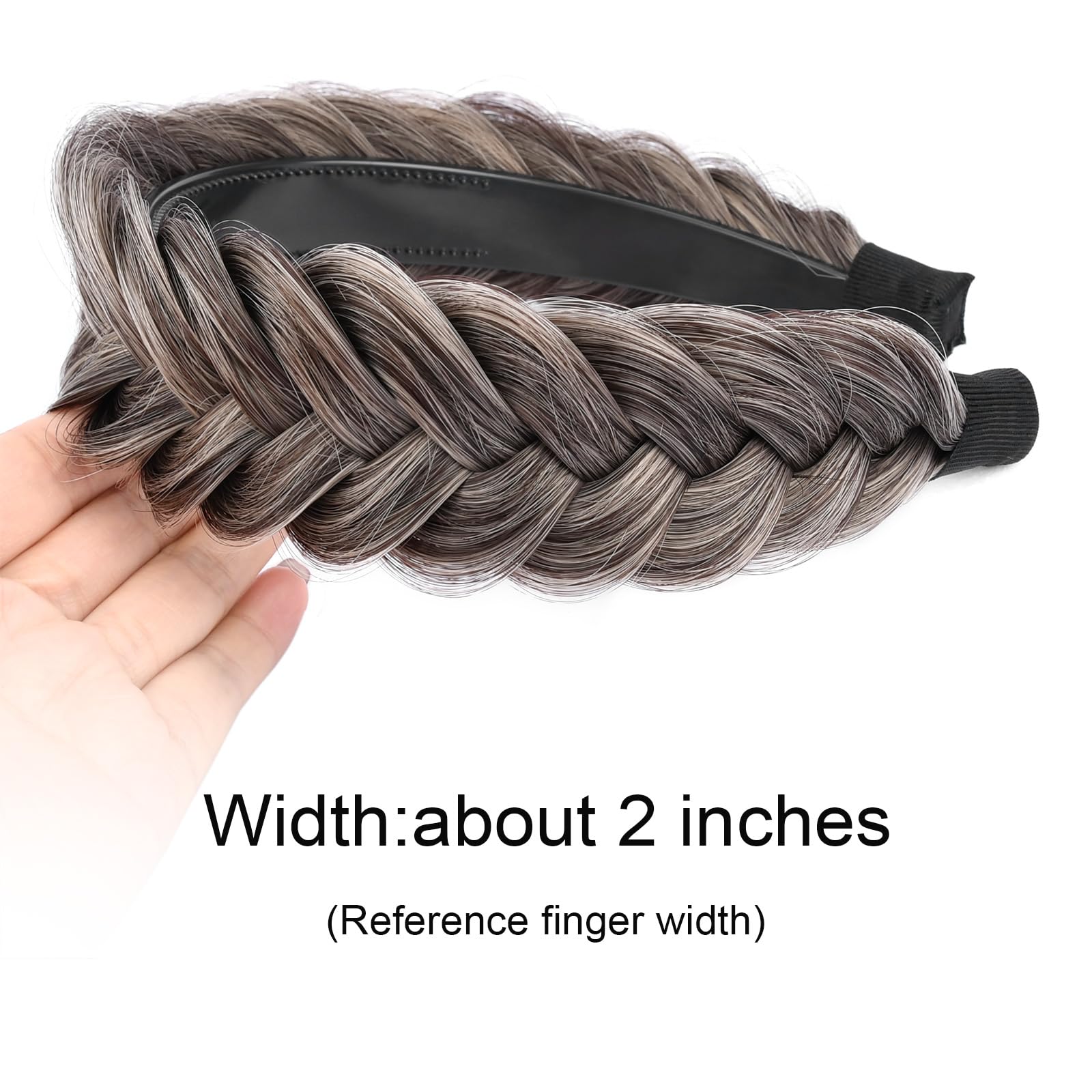 GLEDOLA Wide Messy Braided Headband with Teeth Synthetic Hair Plaited Headband High Elasticity Braids Chunky Fishtail Braided Hair Band Hairpiece for Girls Women (Gray Brown) - Image 3