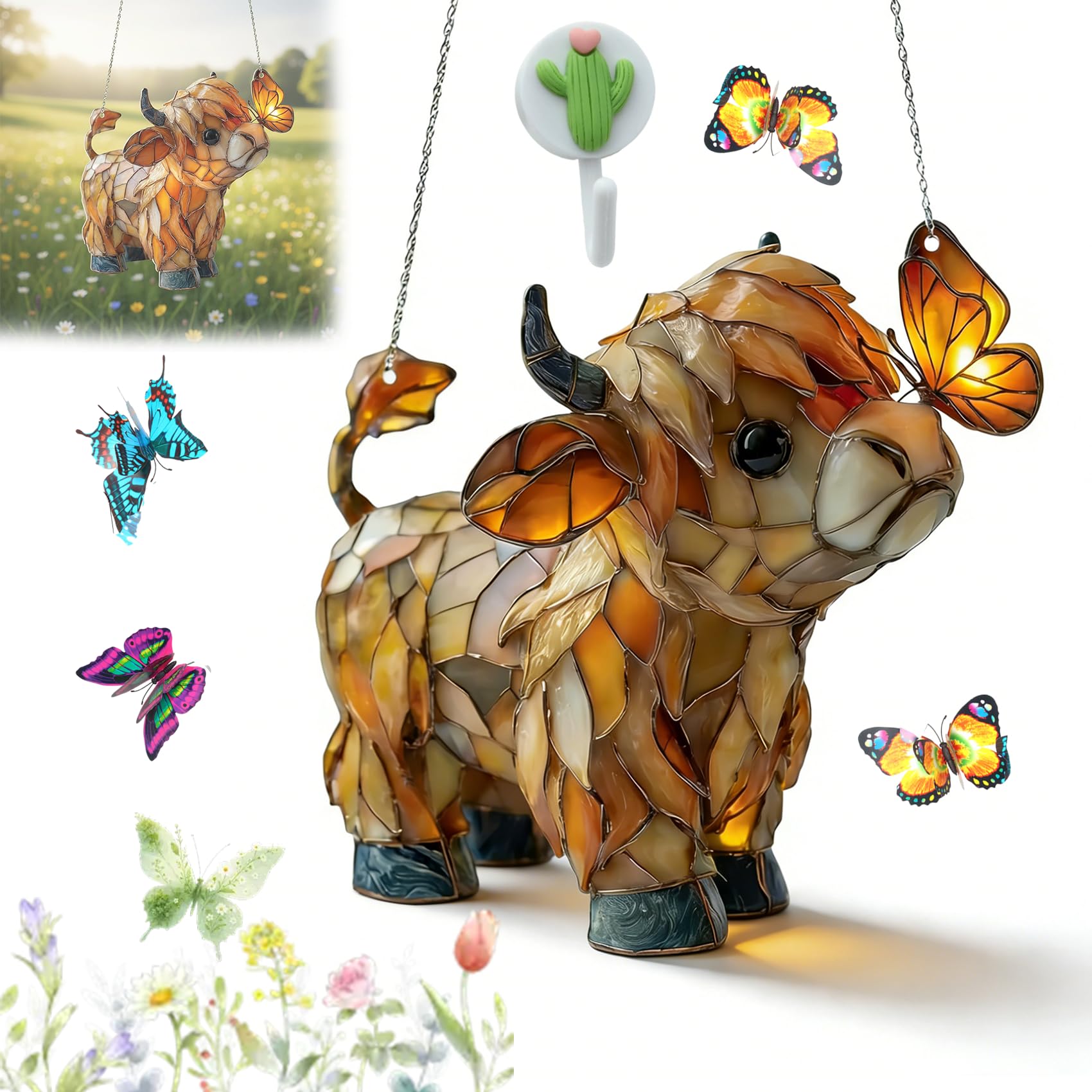 Gienslru 10In Highland Cow Butterfly Suncatcher, Stained Glass Style Window Hanging, Highland Cow Acrylic Animal Flat Ornament, Farm Animal Sun Catcher Ornament For Home Window, Garden Decor (10In)