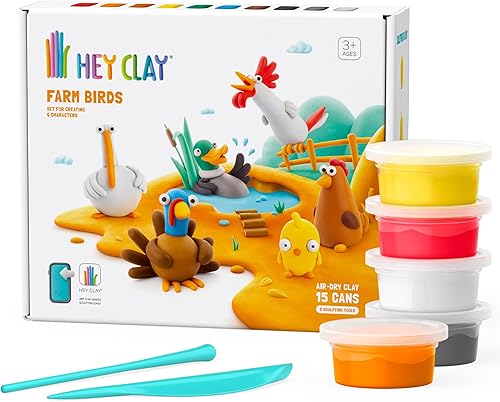HEY CLAY Farm Birds Set - Kit de arcilla seca al aire, 15 latas y herramientas de escultura con divertidas instrucciones interactivas aplicación