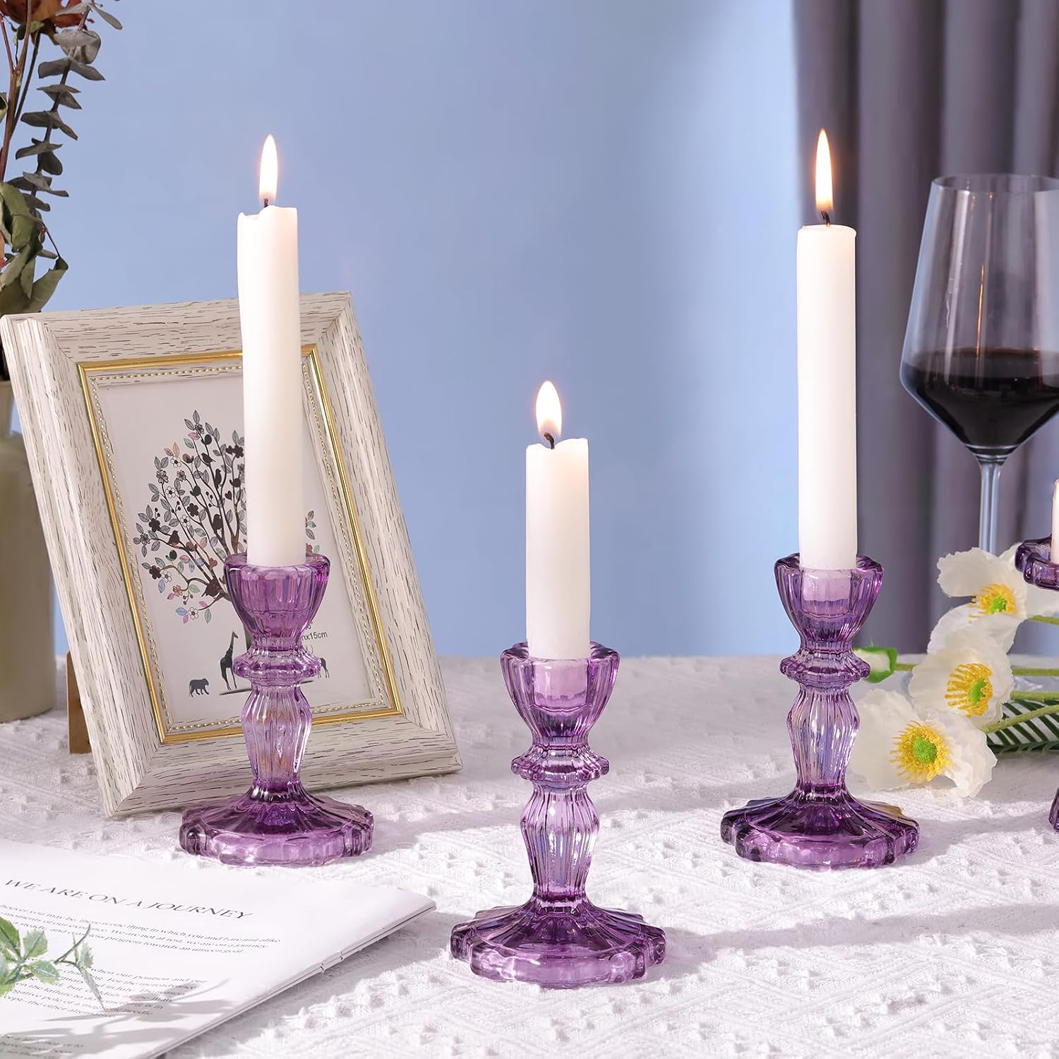 12pcs Taper Candle Holders, Candlestick Holders, Glass Candle Holder - Vintage Flower Design Candle Holders for Wedding, Birthday, Halloween & Home Decoration (Purple)