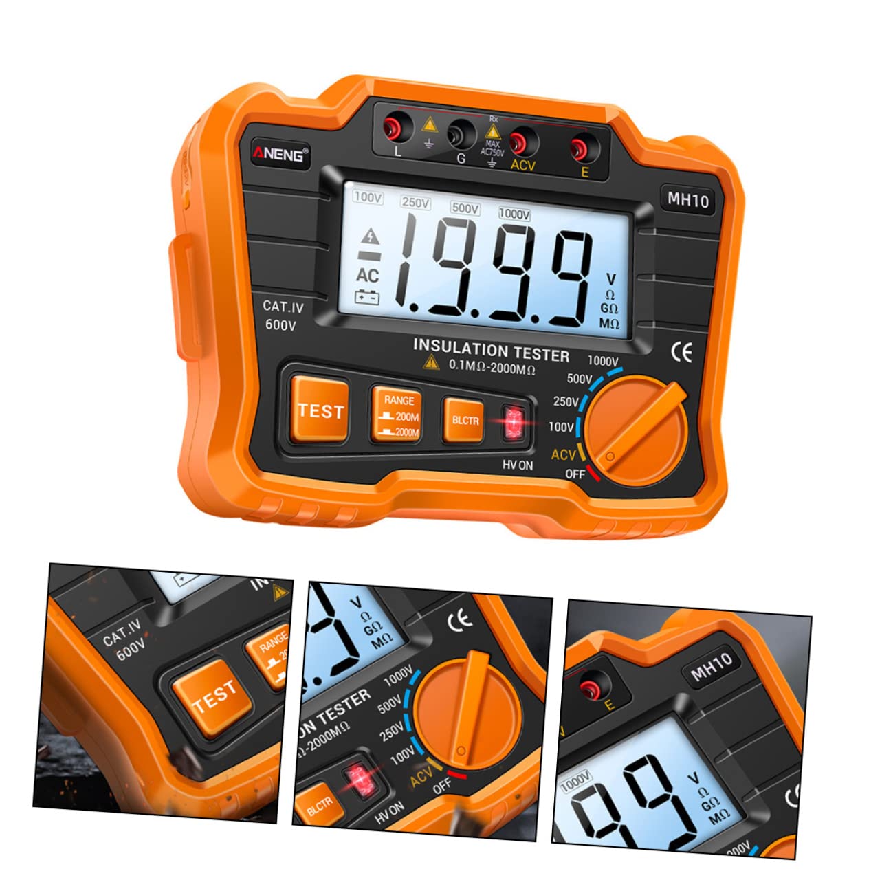 SOLUSTRE Probador De Resistencia De Aislamiento Digital Mh10 Pantalla Lcd, Megóhmetro Electrónico Portátil Naranja, Medidor Para Pruebas Eléctricas Industriales y Mantenimiento