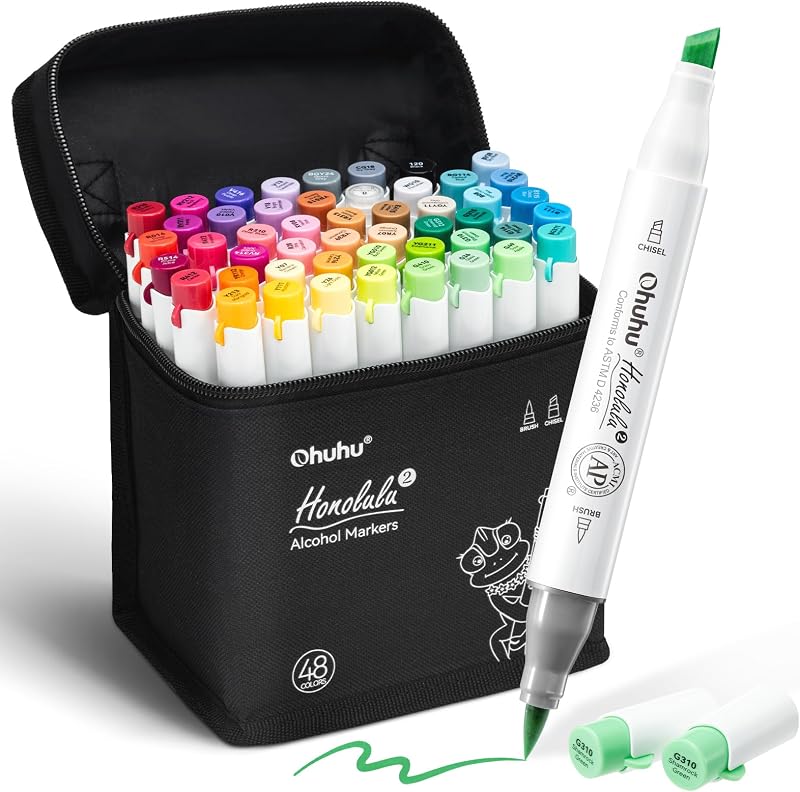 Alcohol Markers Brush& Chisel 48 Colors for Adult Coloring Refillable | AP Certified Art Marker Set, Dual Tips Alcohol-based for Artists Beginners Drawing Illustration Sketching, Honolulu 2