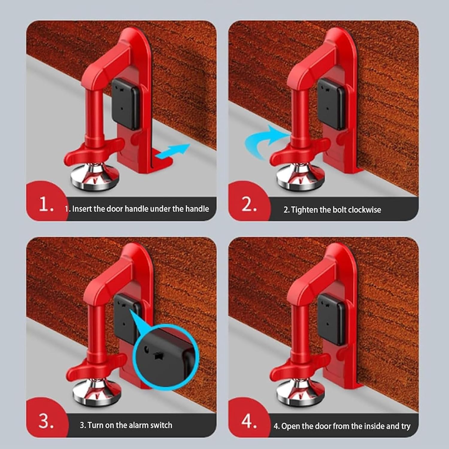 Portable Alarm Door Stopper, Portable Lock for Travel Anti Theft Blocker Stoppers Security Jammer Stopper No Drill Safety Door Stopper Security for Women, Children (Red)