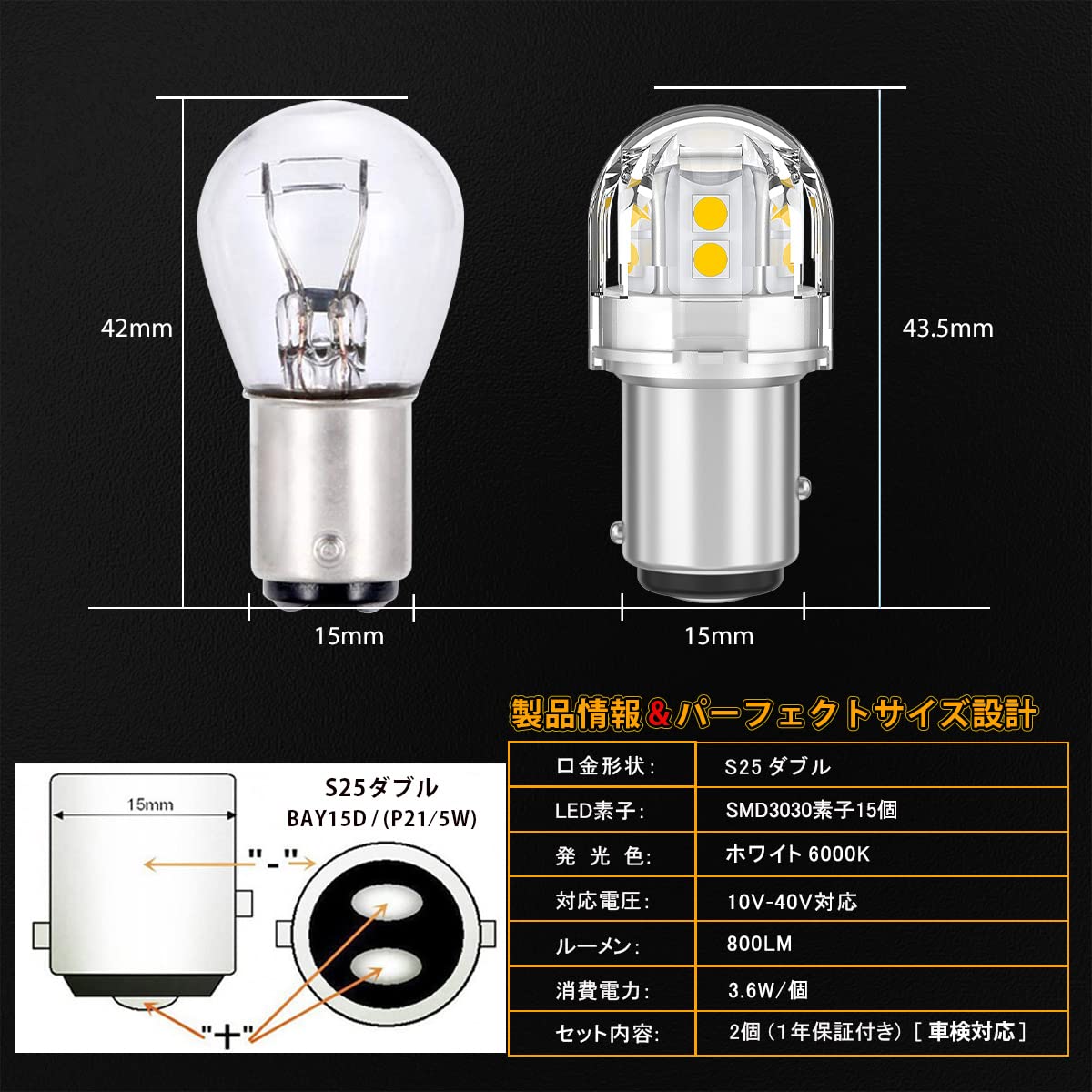 Amazon | 12V-24V車用 S25 ダブル球 LED ホワイト 爆光
