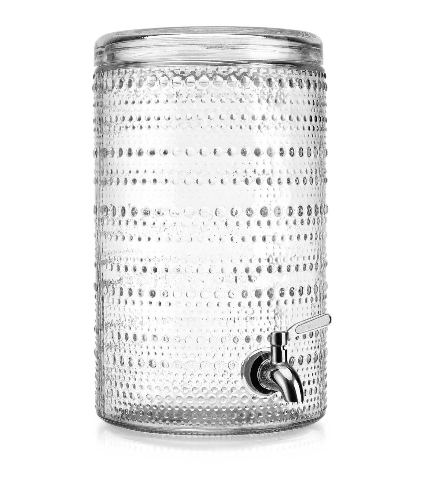 Glavers - Dispensador de bebidas de vidrio transparente de 2 galones, tapa hermética, grifo de acero inoxidable de presión lateral, cócteles, jugos, agua, limonada, té helado, fiestas, celebraciones,