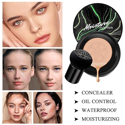 Miniatura 3 de 2 piezas de cojín de aire de cabeza de hongo CC Cream Nature Foundation, cepillo de base para polvo, corrector hidratante, base de maquillaje