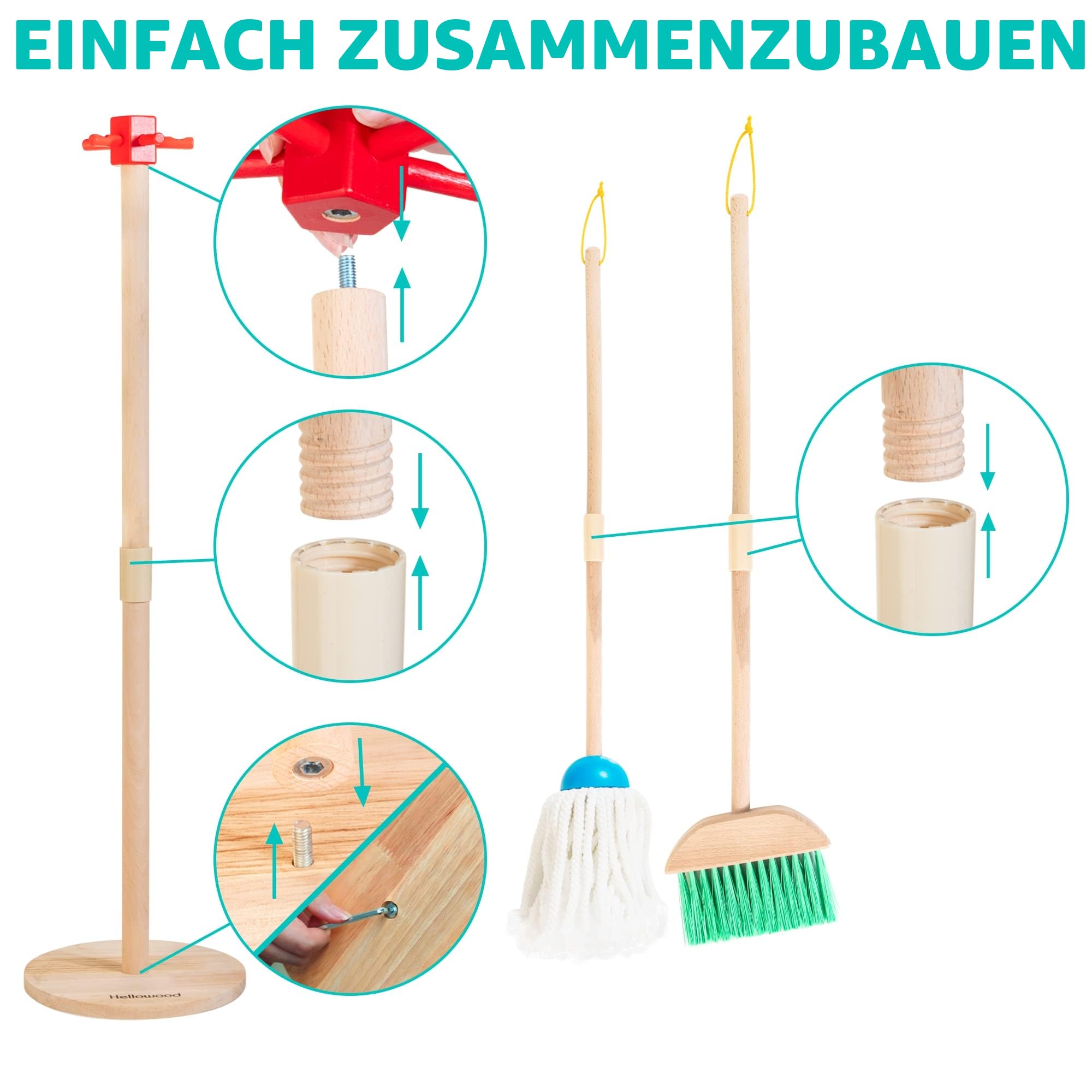 Kinder Holz Reiniungs-Set, 8-teilige Haushaltsspielzeug Rollenspiele Set inkl. Besen Mop Kehrblech Bürsten Lappen Handfeger Ständer, Reinigung Spielzeug für Mädchen Jungen Alter 3-6