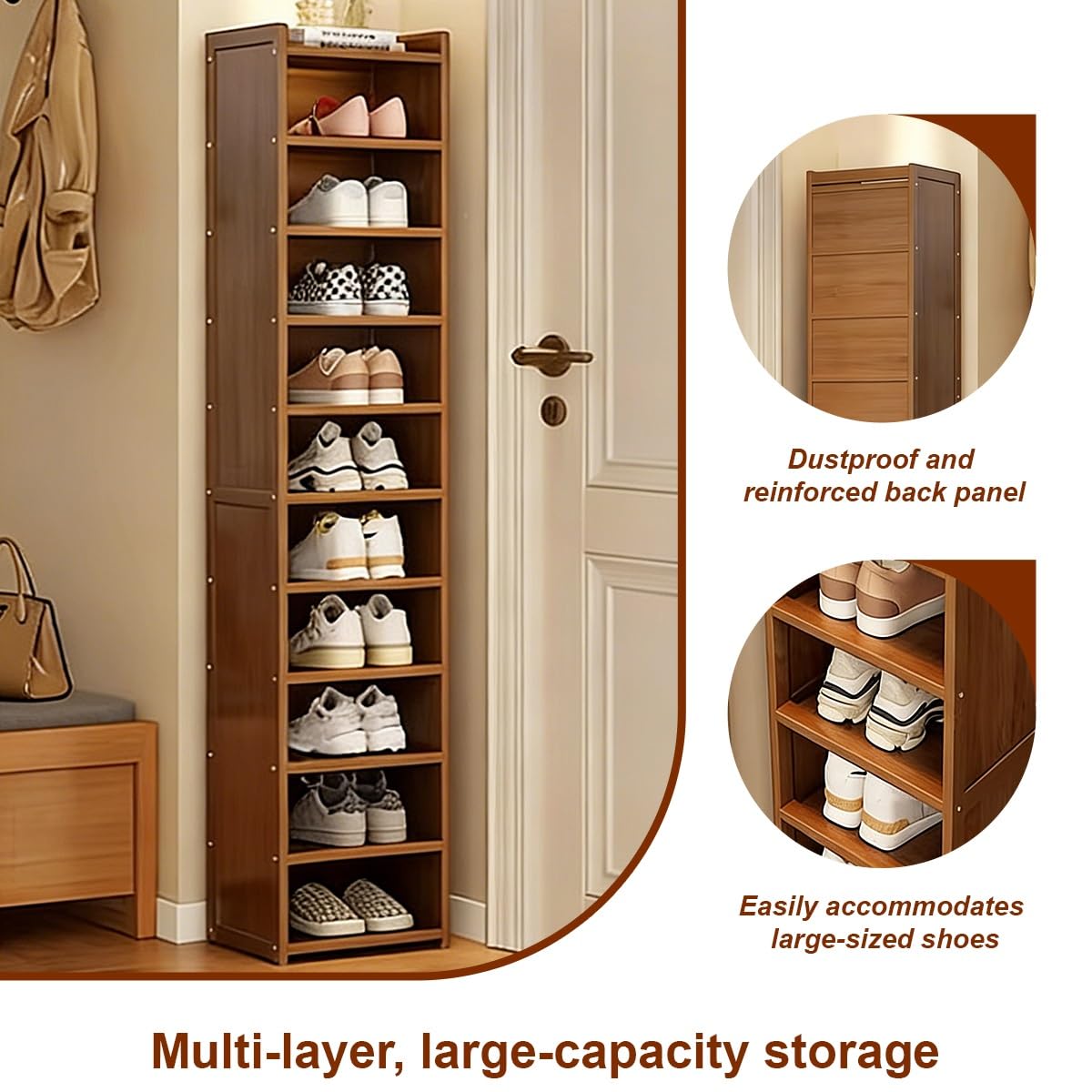 Natural Bamboo Shoe Rack, Freestanding Narrow Vertical Shoe Storage Organizer For Closet, Front Door & Entrance(1 pair of shoes,8th floor)